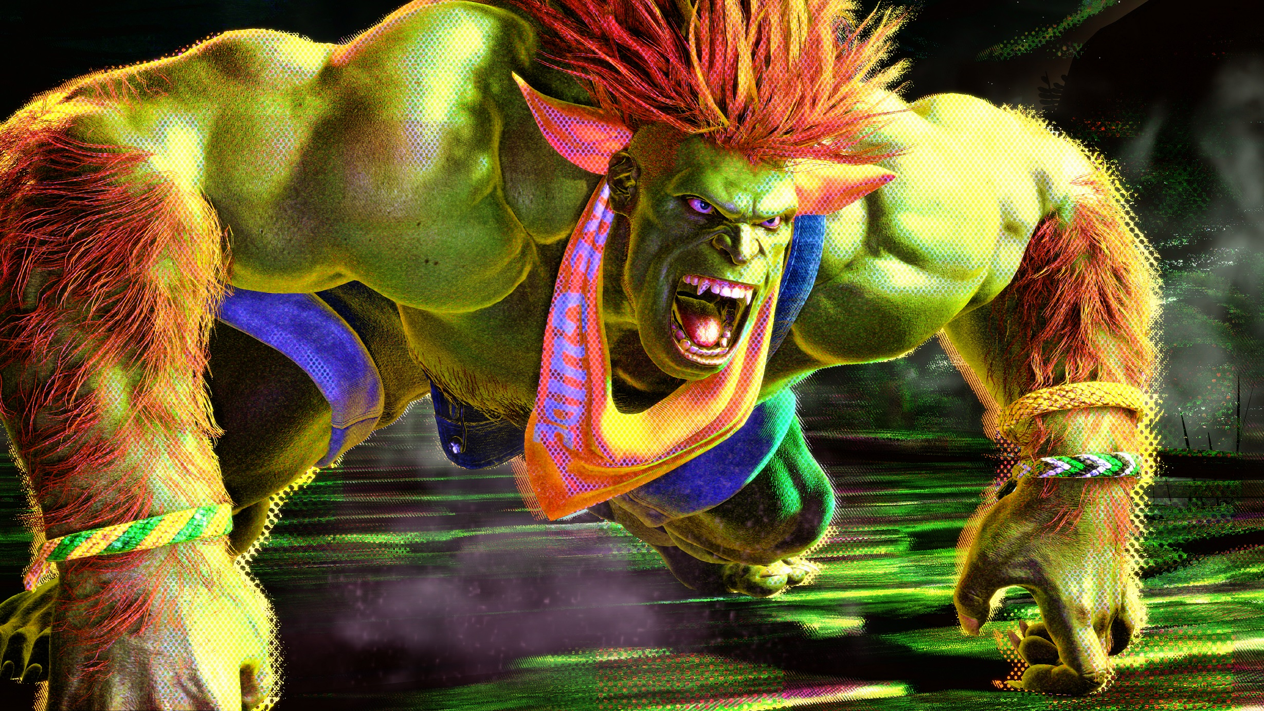 Grüner Monstercharakter mit roten Haaren, gelben und blauen Akzenten, schreit, in Kampfpose.