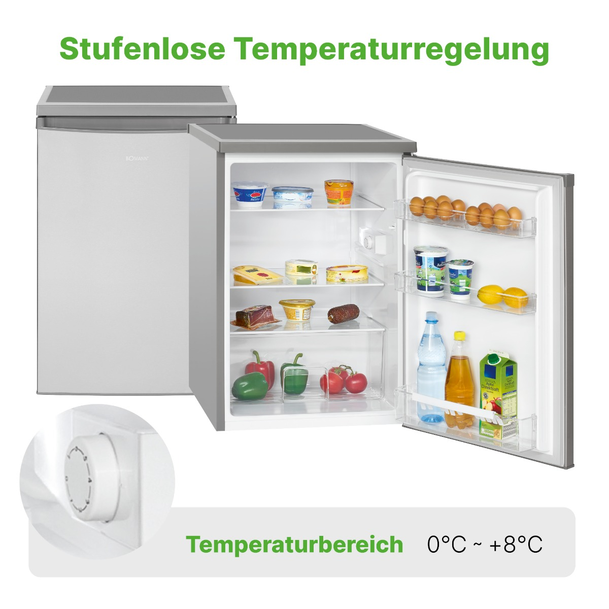 Ein Kühlschrank mit offener Tür, der Lebensmittel zeigt, mit Bedienfeld und Text.