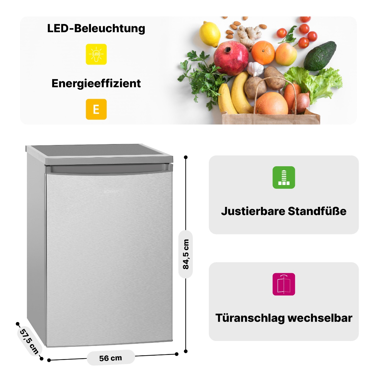 Ein silberner Kühlschrank mit Abmessungen. Deutsche Textbeschriftungen weisen auf Merkmale wie verstellbare Füße und wechselbaren Türanschlag hin.