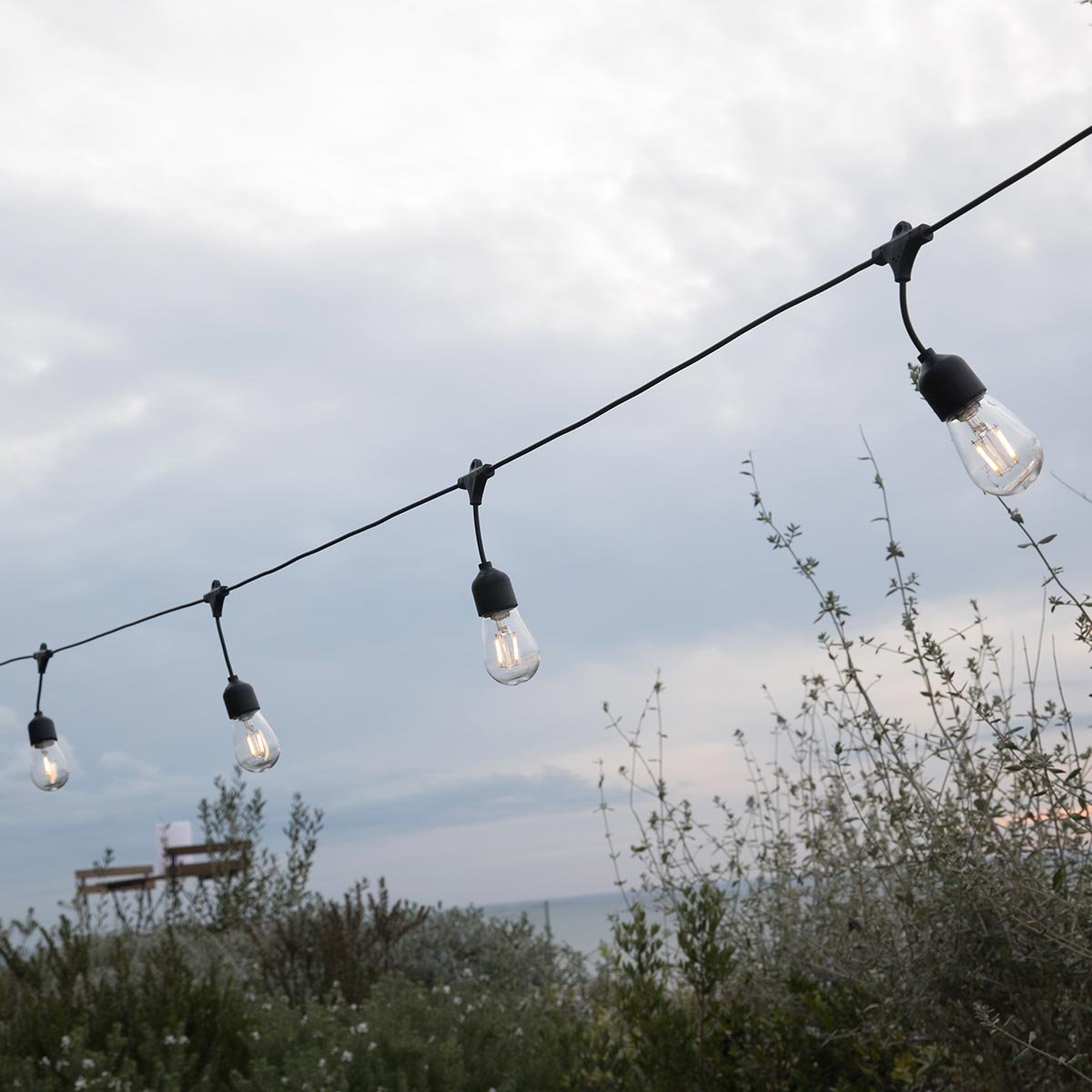 String lights against an overcast sky. The lights are small and evenly spaced. Green bushes below.