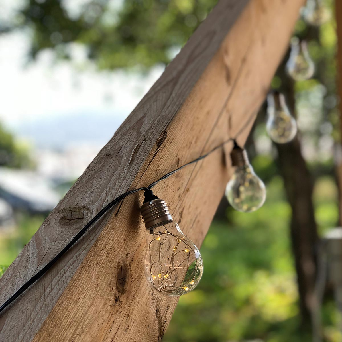 Eine Lichterkette mit kleinen, klaren Glühbirnen mit warmen Lichtern, die an einem Holzbalken hängen.