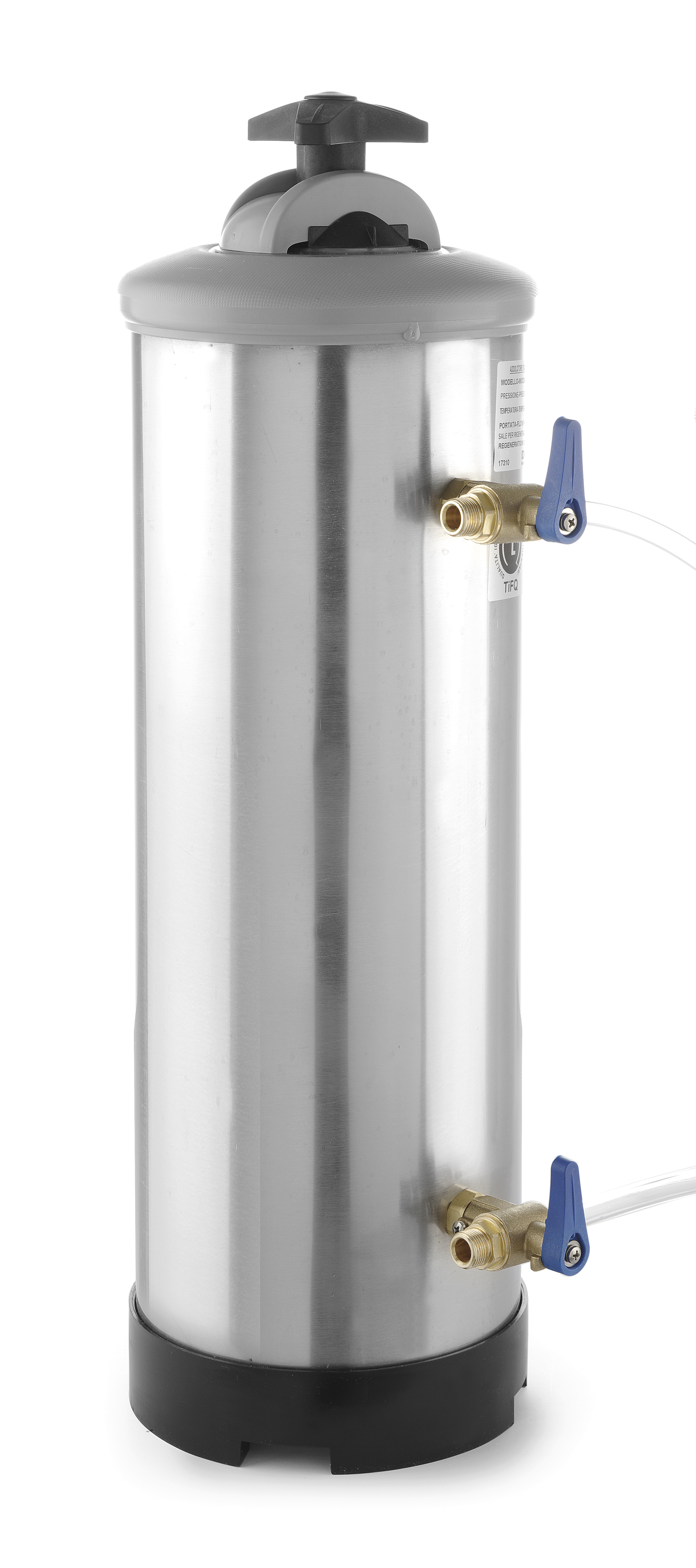 Un filtro per l'acqua alto e argentato con coperchio grigio e base nera, con valvole ed etichette blu.