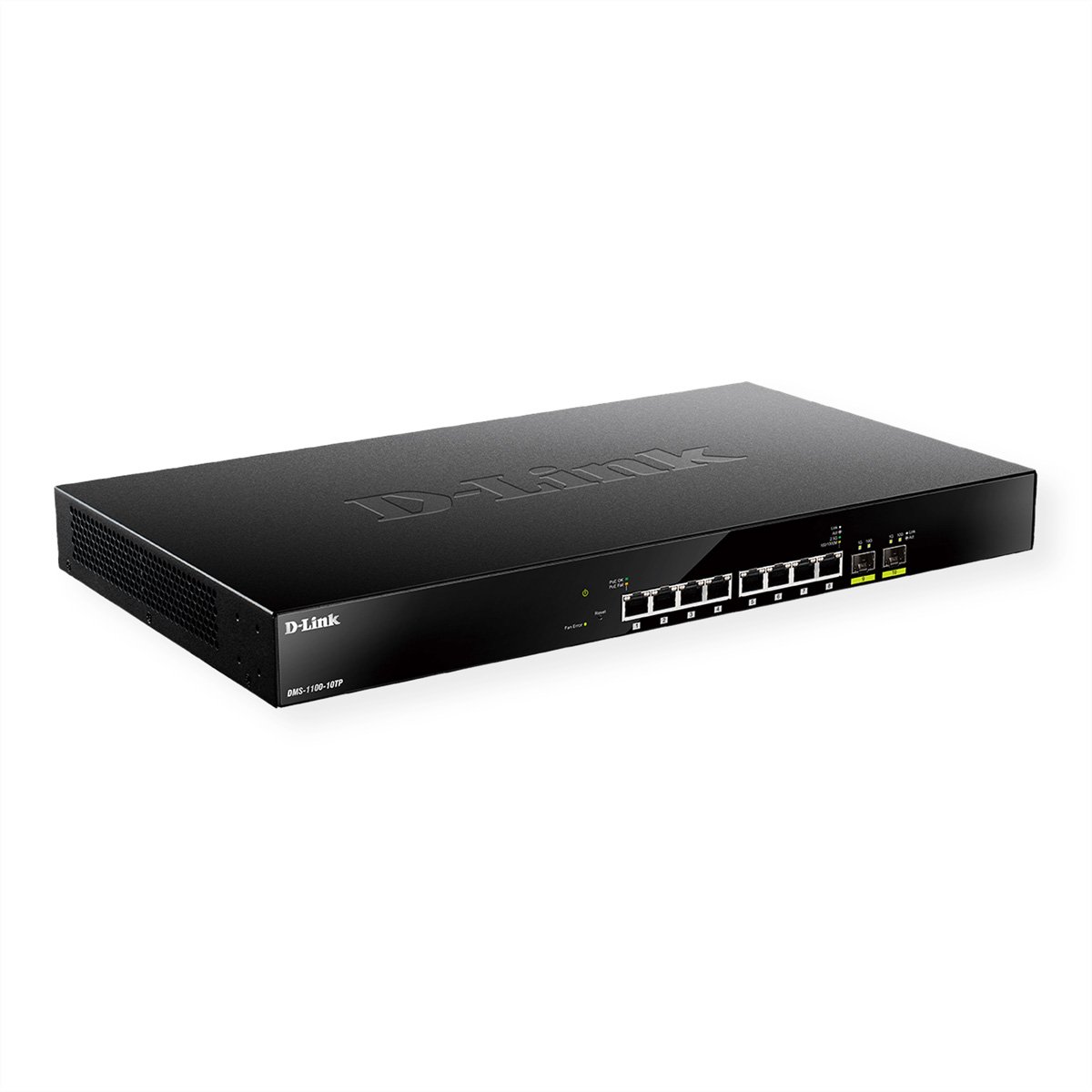 Ein schwarzer D-Link Netzwerk-Switch auf weißem Hintergrund. Es hat mehrere Anschlüsse und Lichter.