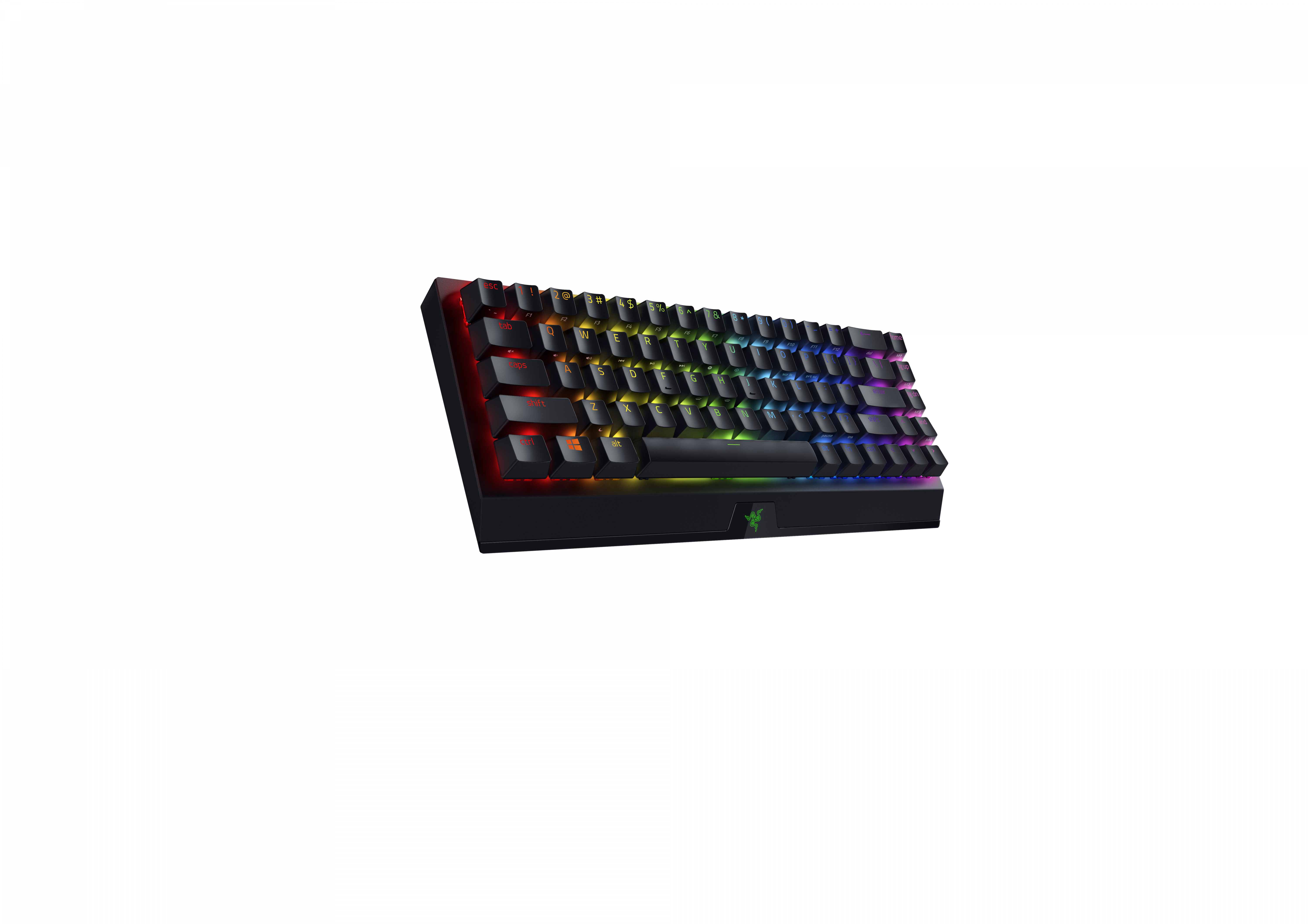Clavier noir, touches éclairées en arc-en-ciel. Logo Razer. Fond blanc.