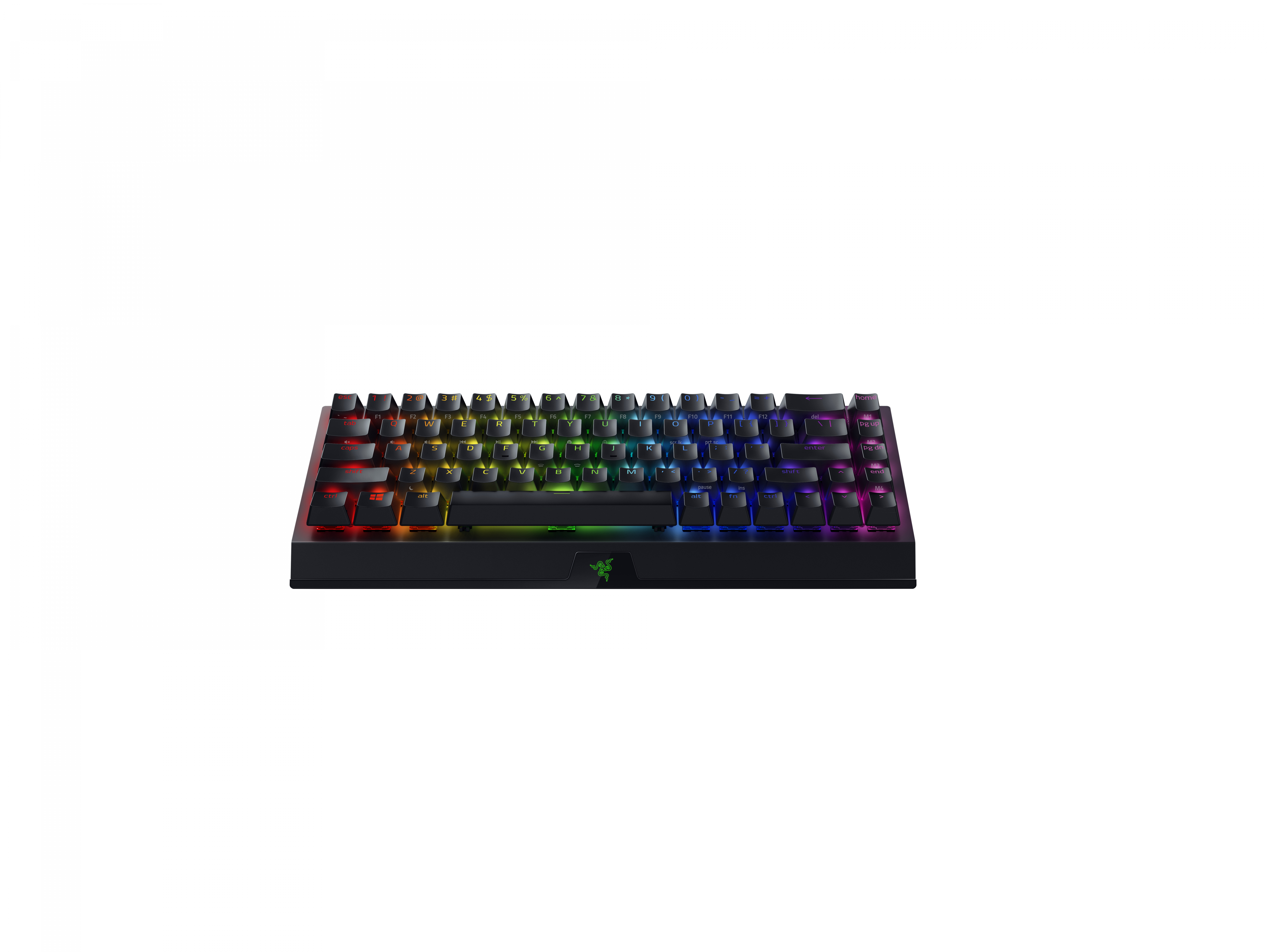 Zwart toetsenbord, regenboogverlichte toetsen. Razer-logo. Witte achtergrond.