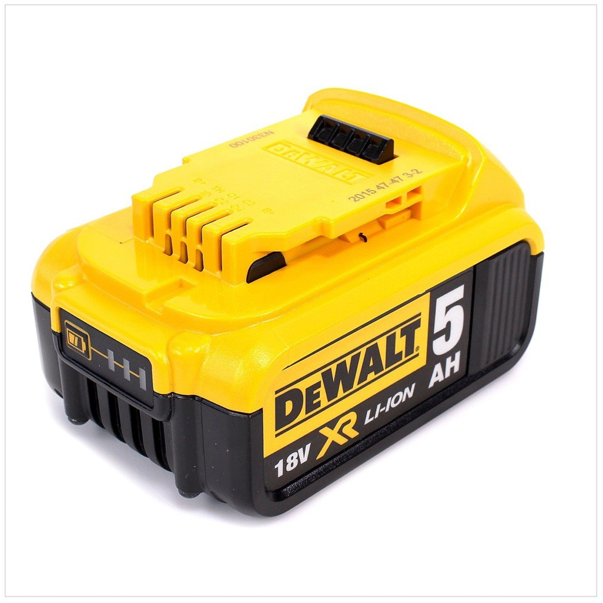 Gelb-schwarzer DeWalt 18V Li-Ion Akku. Enthält Branding und technische Daten.