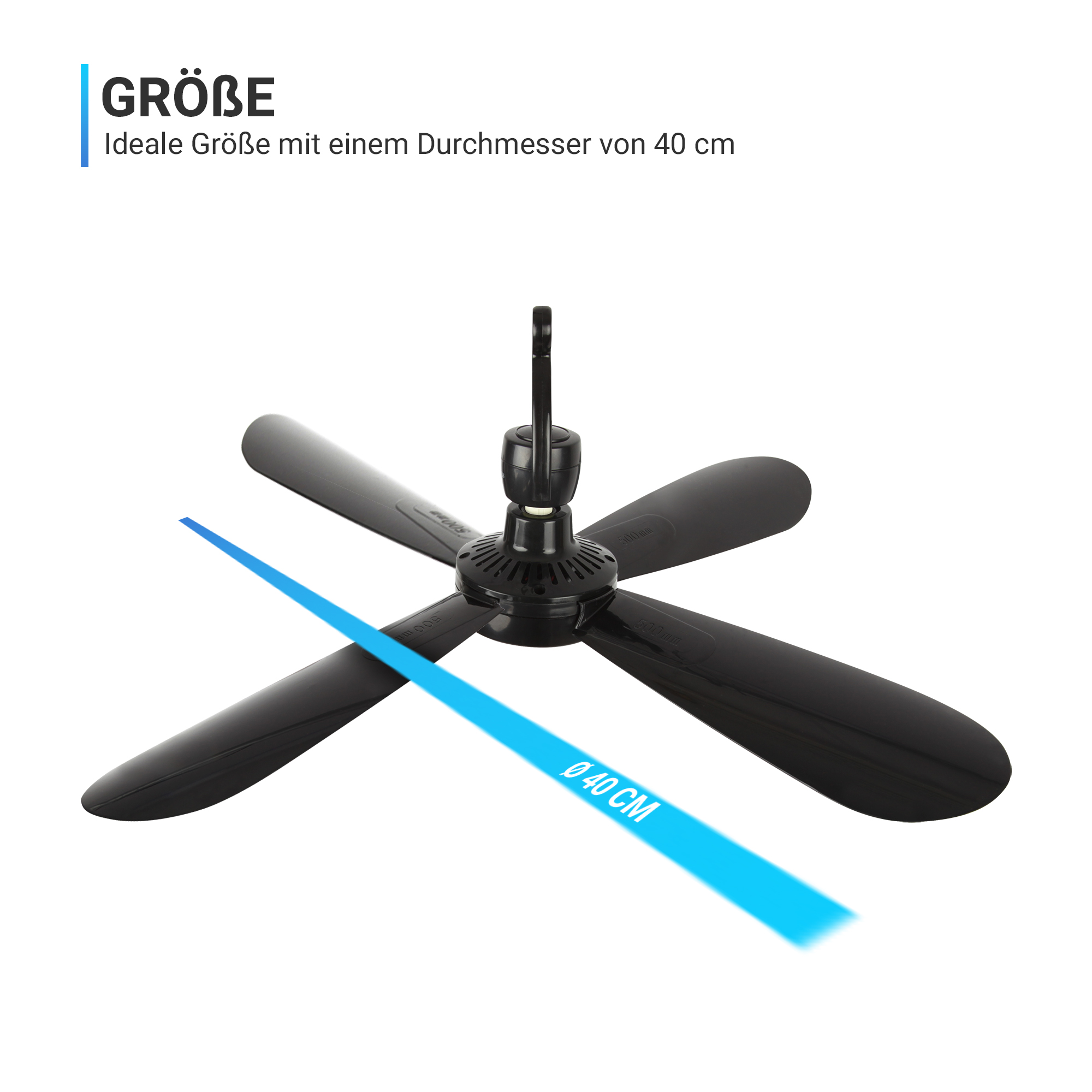 Schwarzer Deckenventilator mit vier Flügeln, mit blauer Linie und Größenangabe.