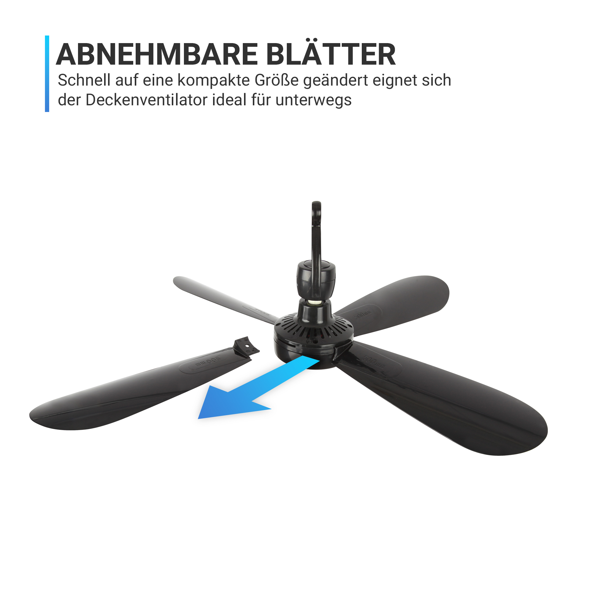 Diagramm, das abnehmbare Lüfterflügel zeigt. Blauer Pfeil zeigt das Entfernen des Flügels.