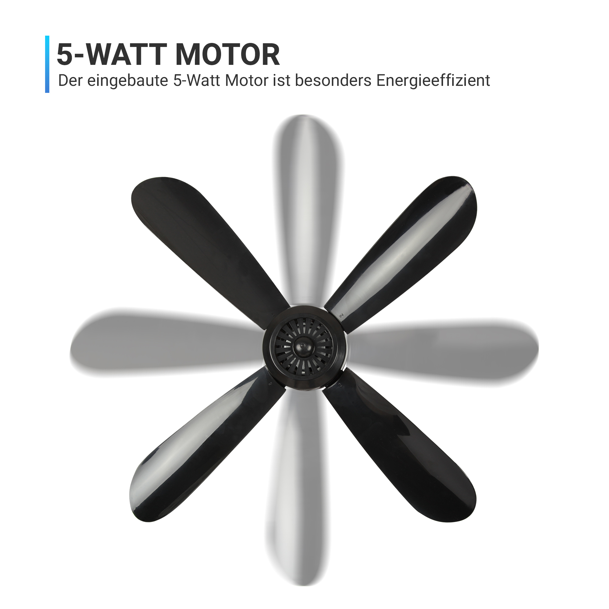 Draufsicht eines sechsklingigen Lüfters in Bewegung. Die Blätter sind schwarz und weiß. 5-Watt-Motor wird angegeben.