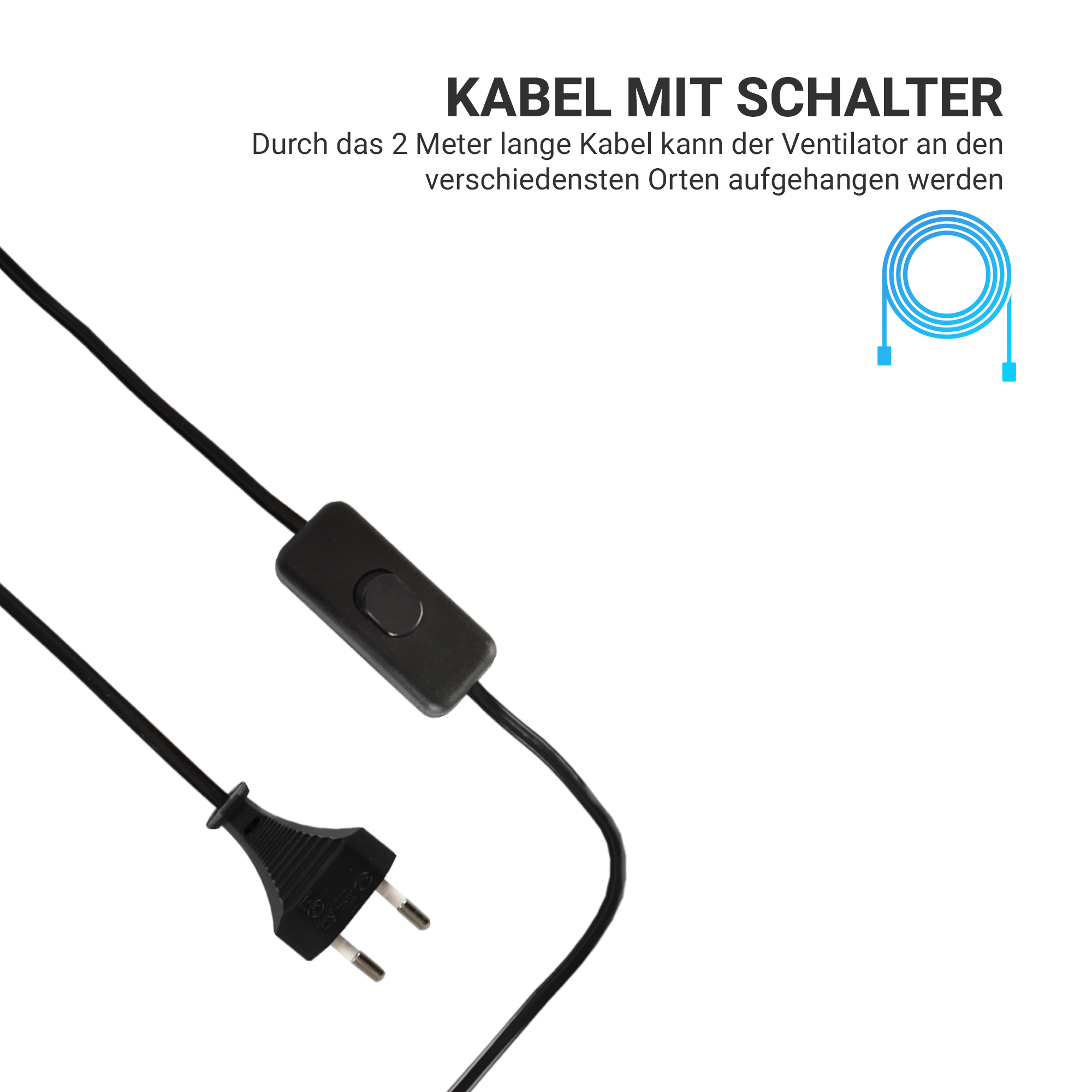 Schwarzes Kabel mit Schalter und Stecker. Text oben auf Deutsch. Weißer Hintergrund.