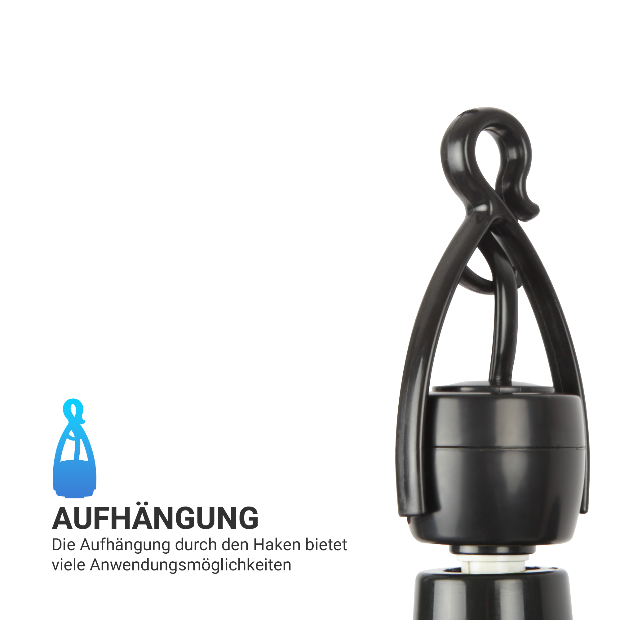 Schwarzer Haken mit Bild des Aufhängemechanismus, mit Text. Weißer Hintergrund.