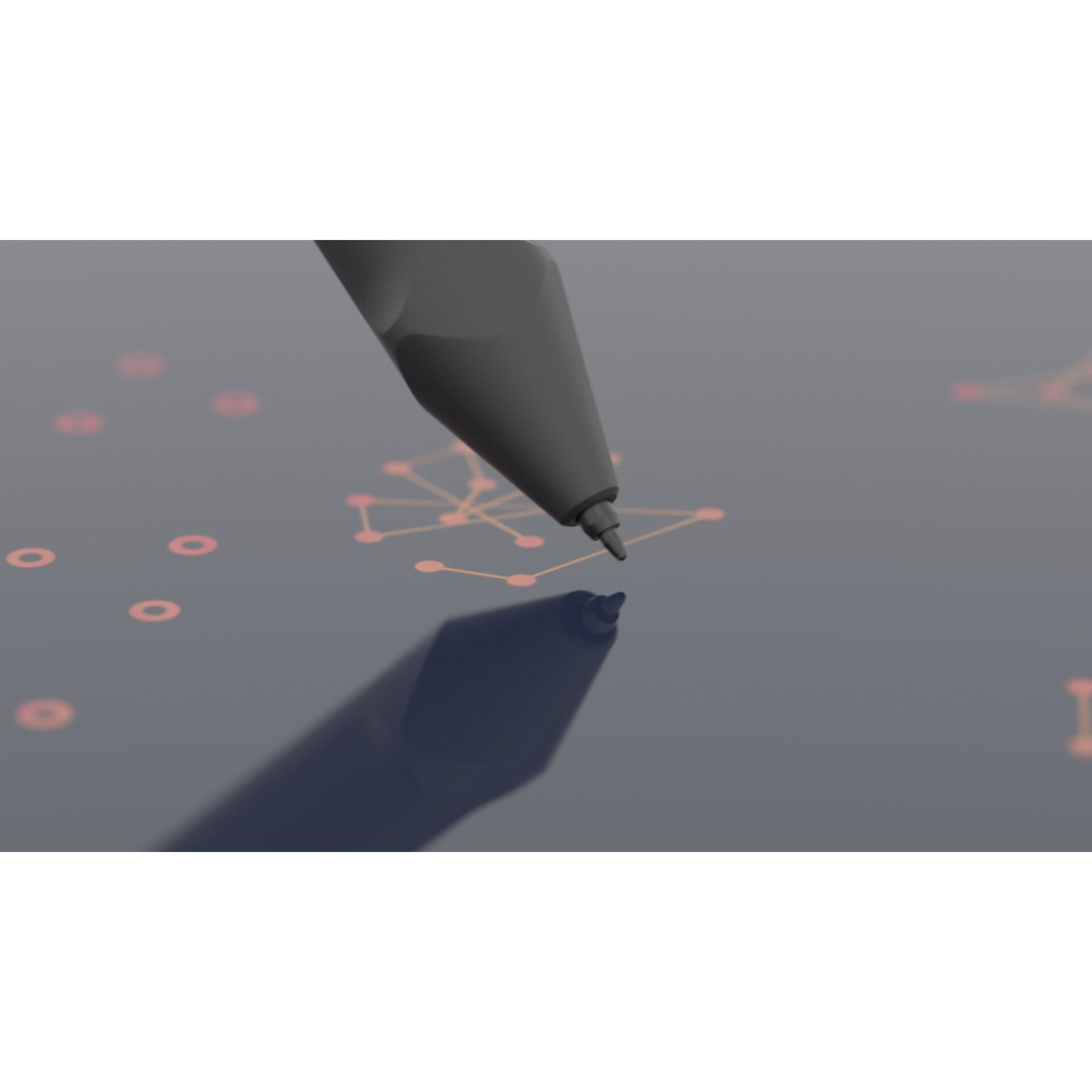 Ein grauer Stift berührt einen Bildschirm mit orangefarbenen, schaltungsähnlichen Linien, wobei sein Schatten sichtbar ist.