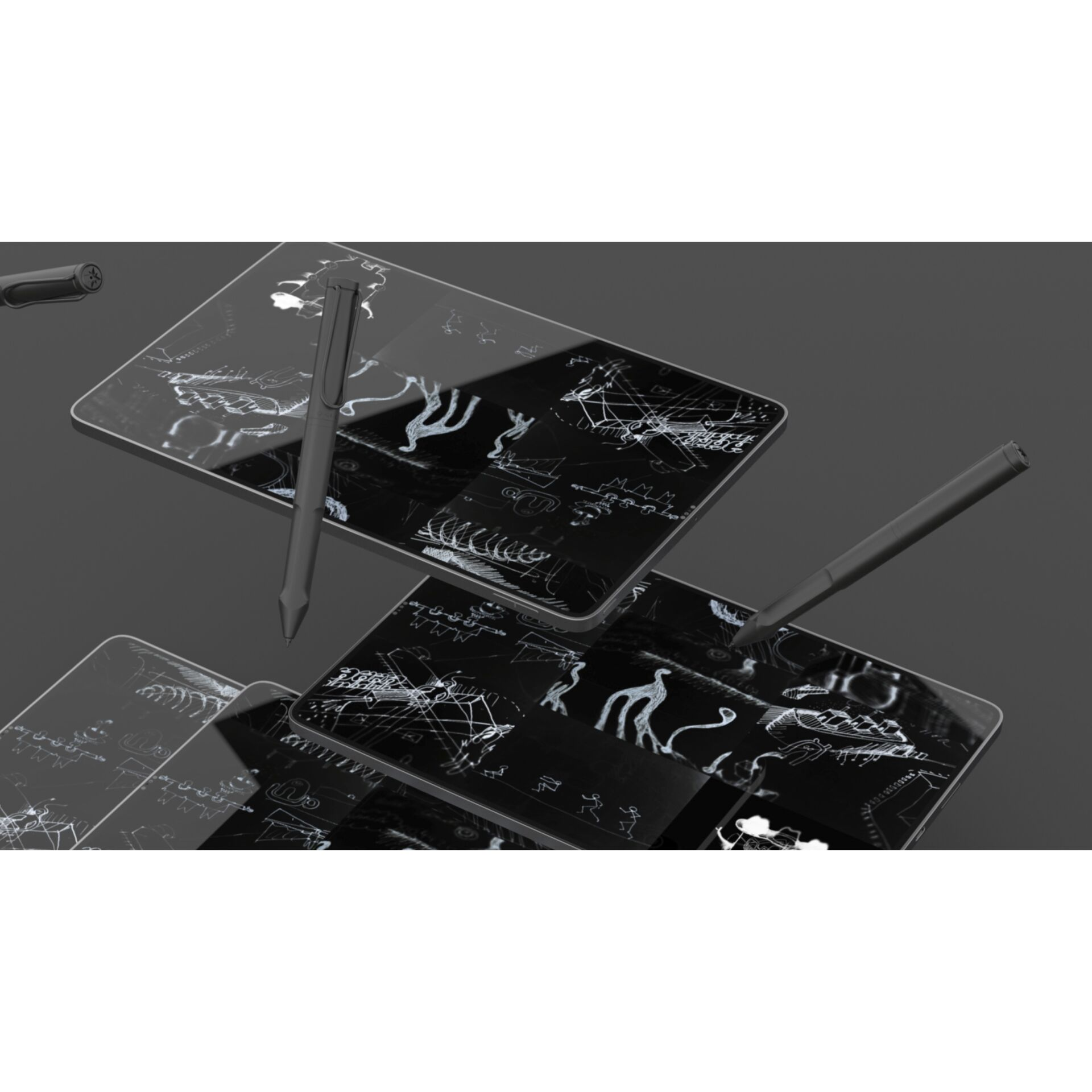 Tablets mit Skizzen von Tieren und Symbolen. Schwarze Stifte liegen auf den Oberflächen.