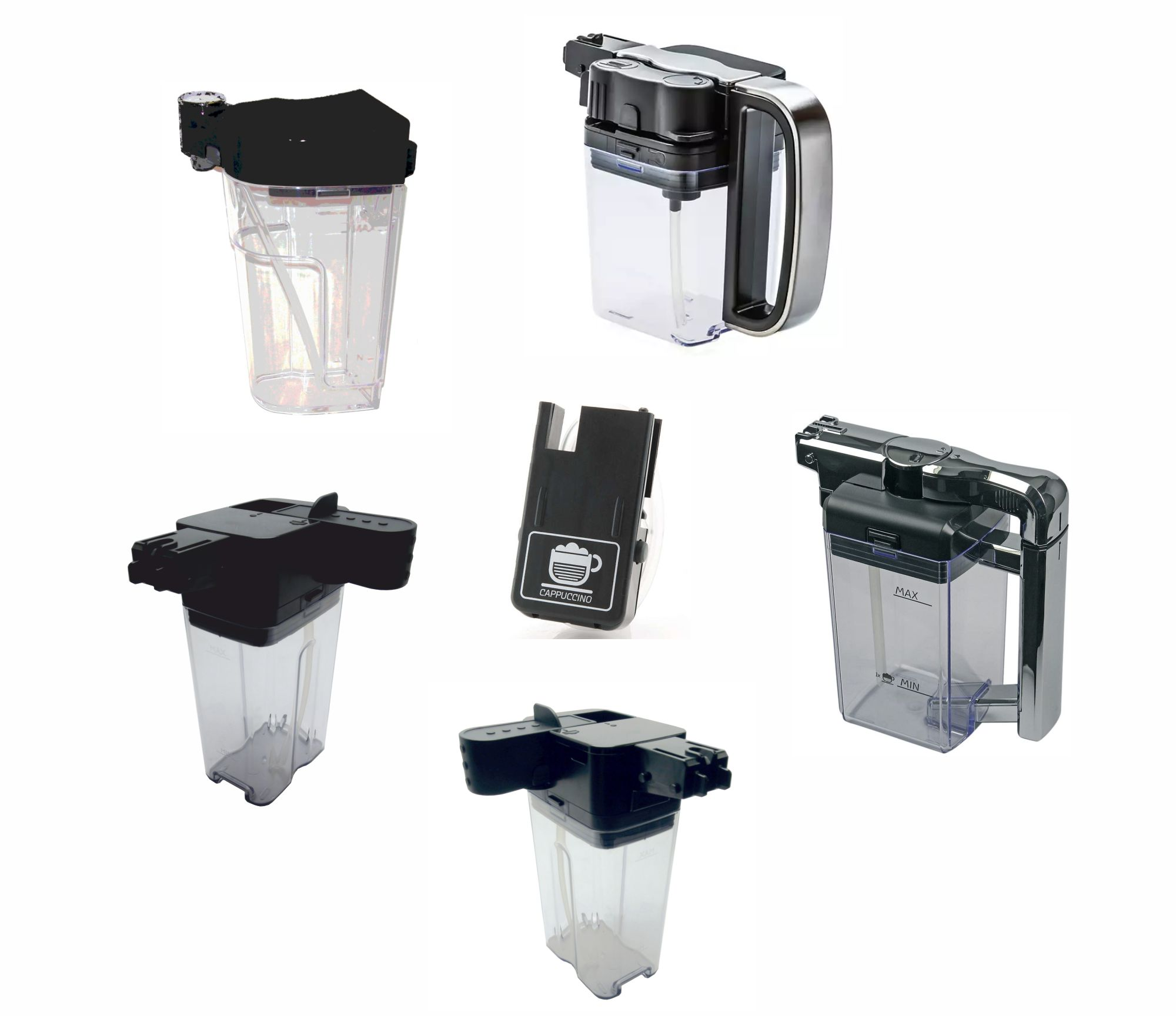 Sortiment von Kaffeemaschinenteilen, transparente Kunststoffbehälter mit schwarzen Deckeln, weißer Hintergrund.