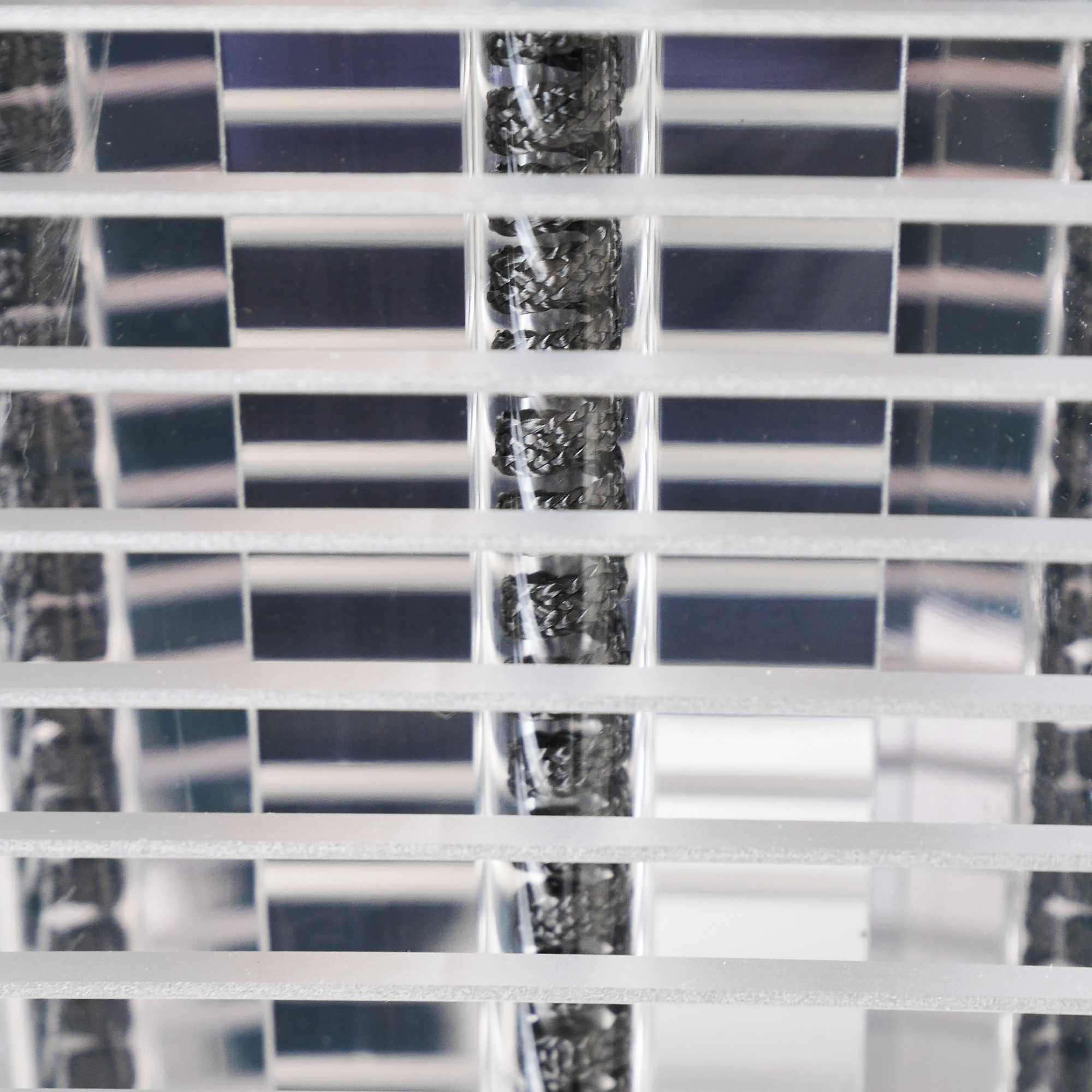 Nahaufnahme einer transparenten, gitterartigen Struktur mit einem zylindrischen Element im Inneren.
