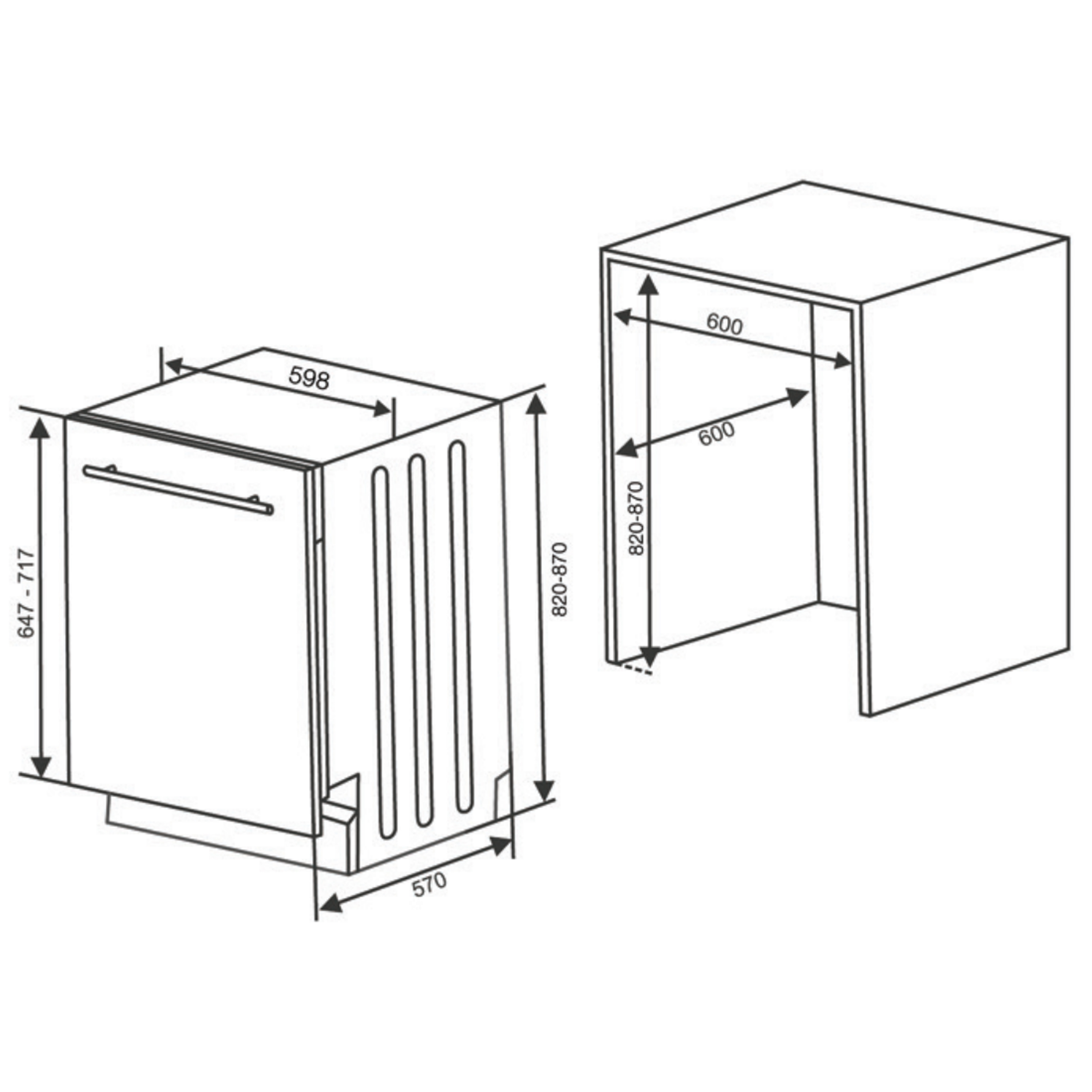 Diagramm eines Geschirrspülers mit Abmessungen: 647-717mm Höhe, 598mm Breite, 570mm Tiefe.