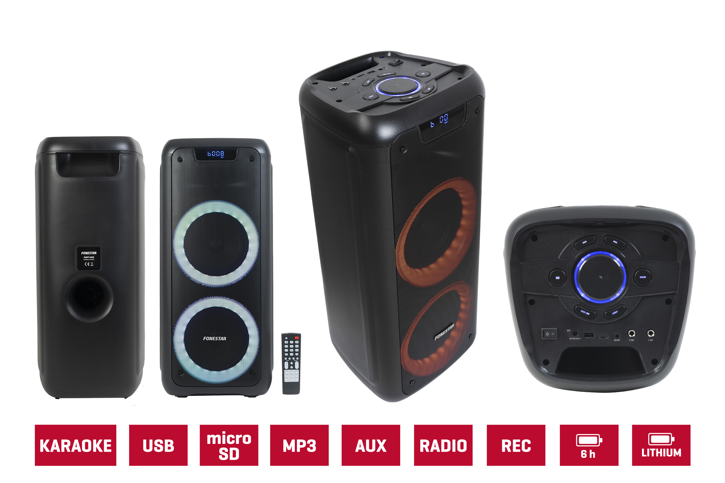 Wiele czarnych głośników z kolorowymi pierścieniami i etykietami, takimi jak karaoke, USB i aux.