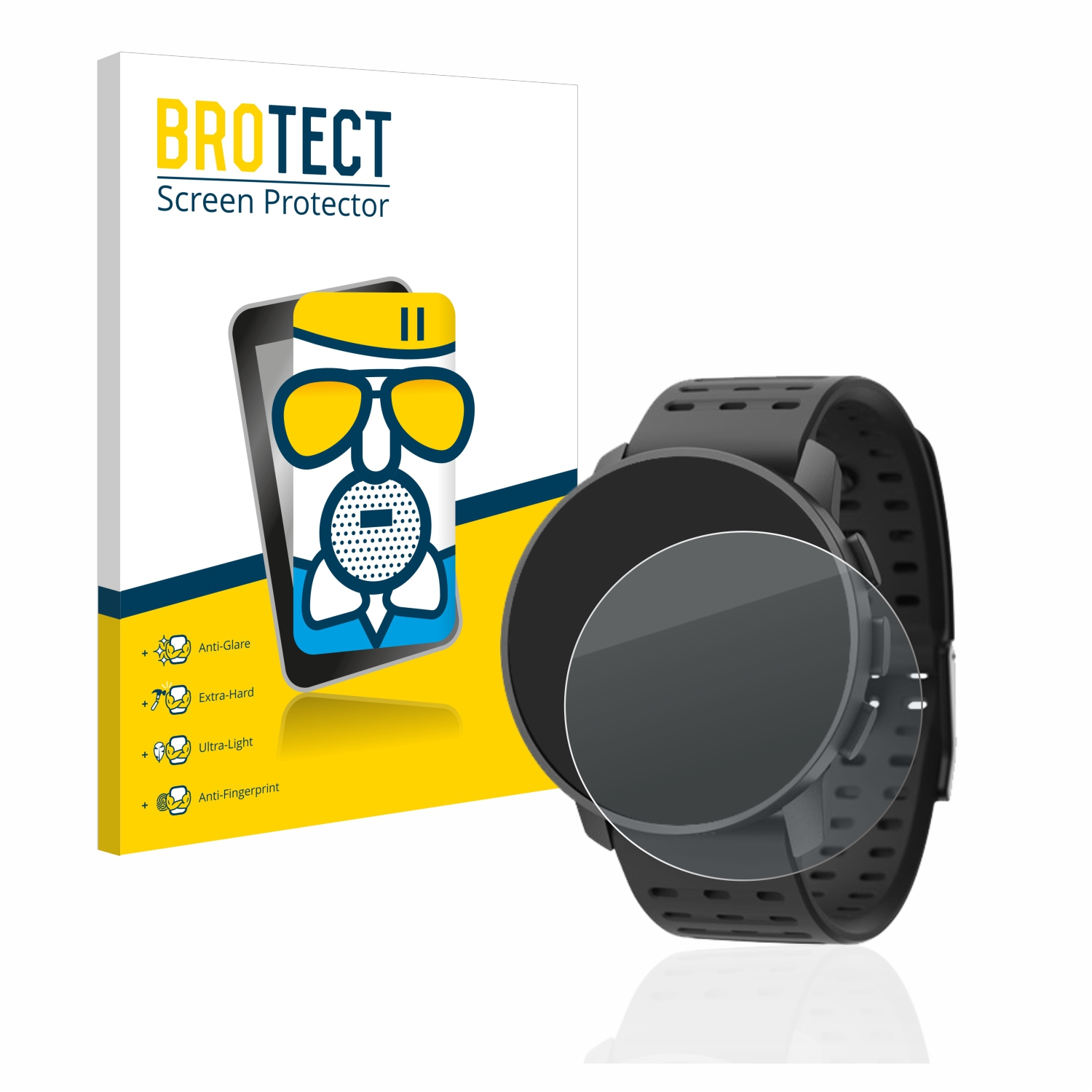 Smartwatch und Displayschutzanwendung mit Box, schwarze Uhr und Uhrenschutz.
