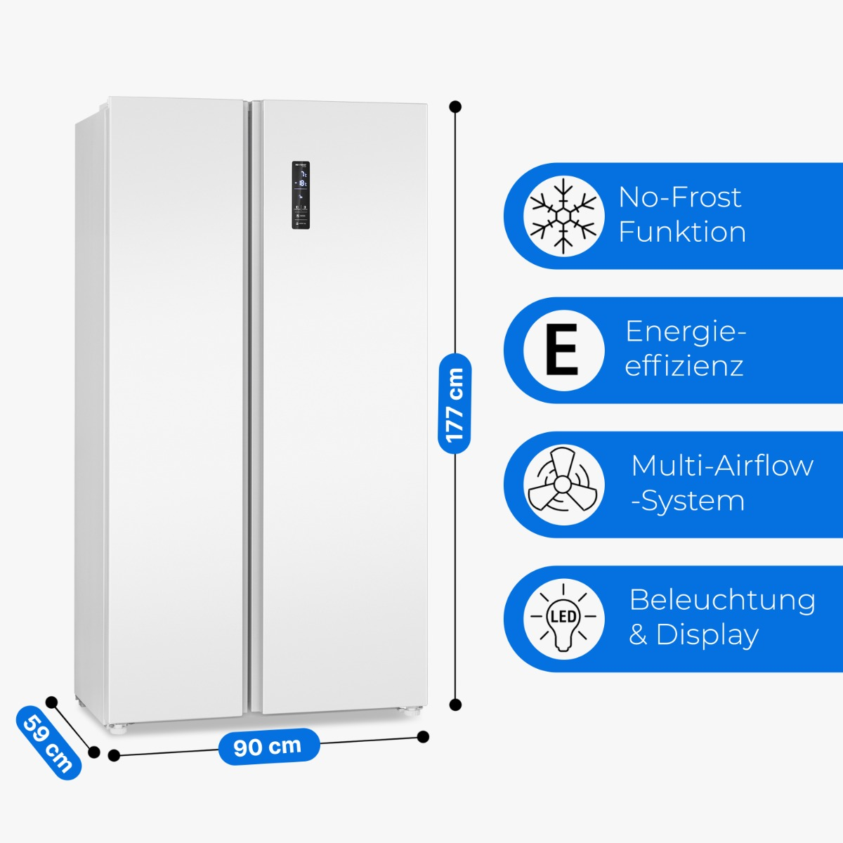 Ein weißer Side-by-Side-Kühlschrank mit angegebenen Abmessungen. Merkmale sind Energieeffizienz.