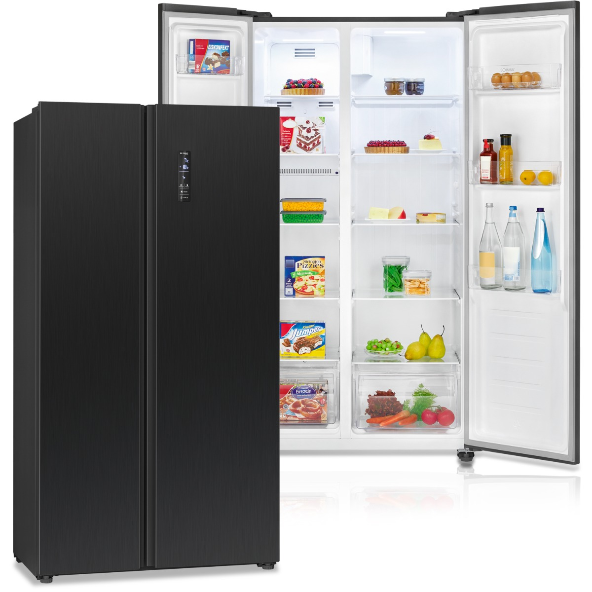 Schwarzer, offener Kühlschrank mit Essen. Gefrierfach links. Weißer Innenraum mit Lebensmitteln.