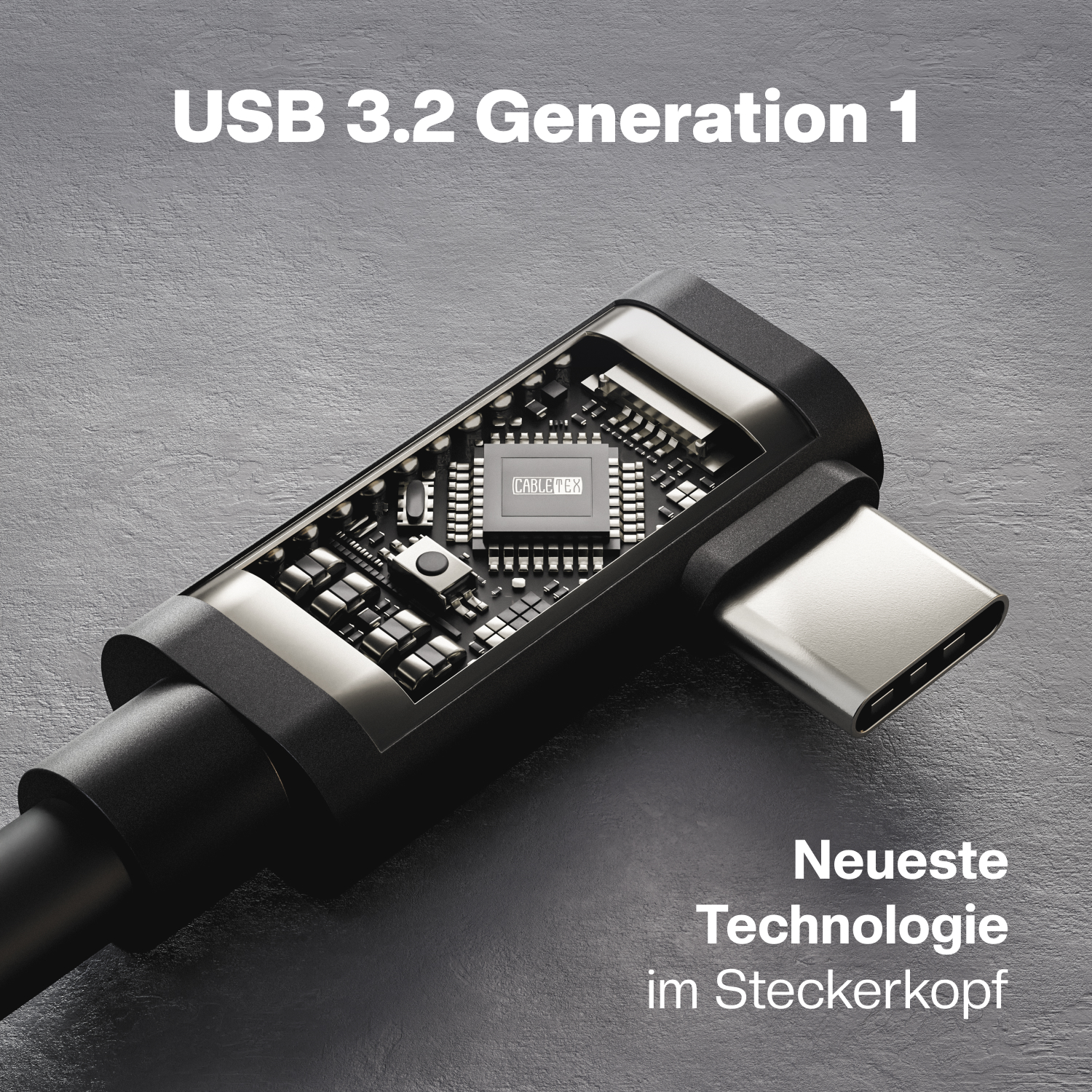 USB-C-Kabelanschluss mit Innenleben. Text: USB 3.2 Generation 1.