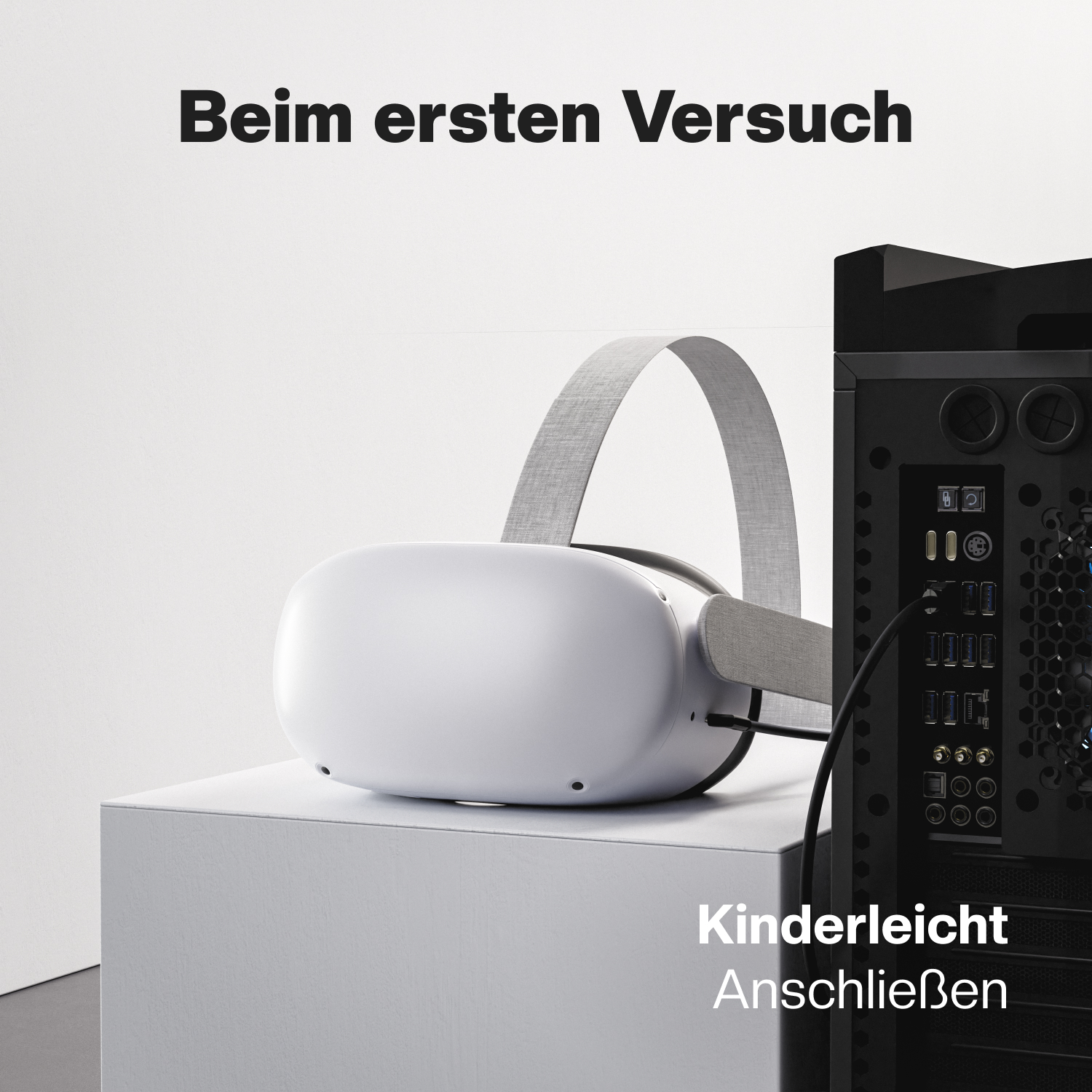 VR-Headset und Computer-Tower auf weißer Oberfläche, mit Text über einfache Einrichtung.