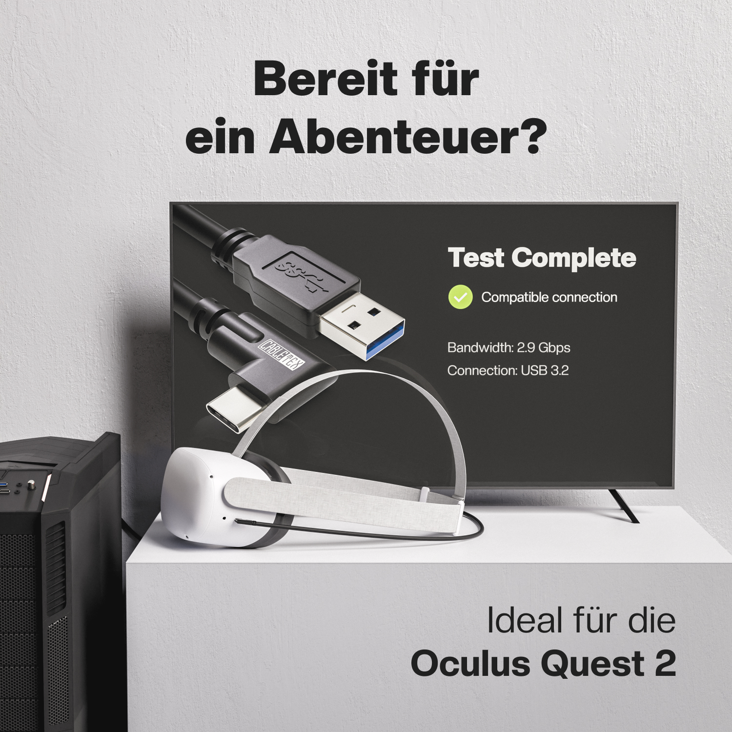 Werbebild für VR-Headset mit Text, Kabeln und Computer. Die Verbindung ist USB 3.2.