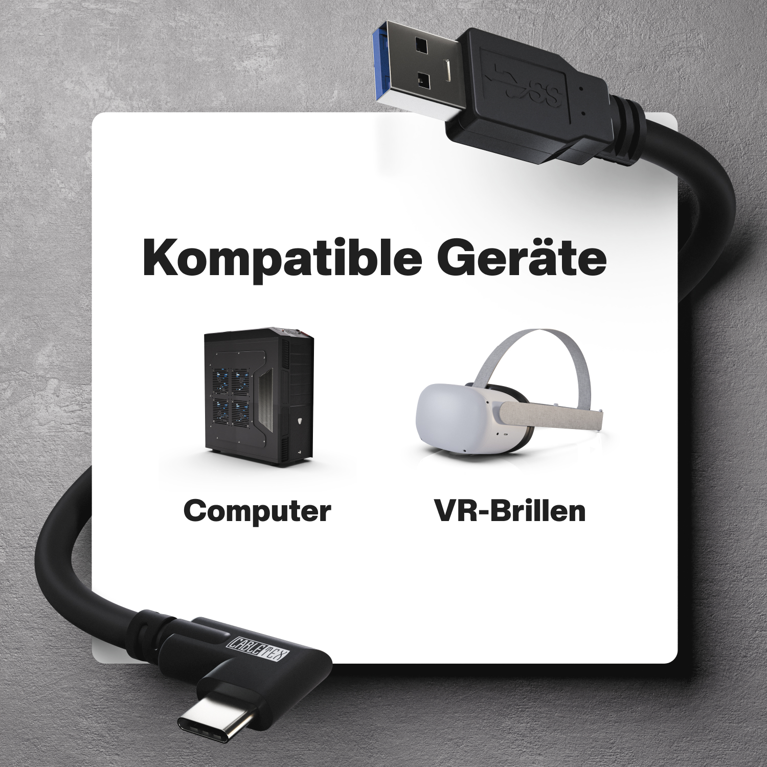 USB-Kabel mit einem Computer und VR-Brillen.