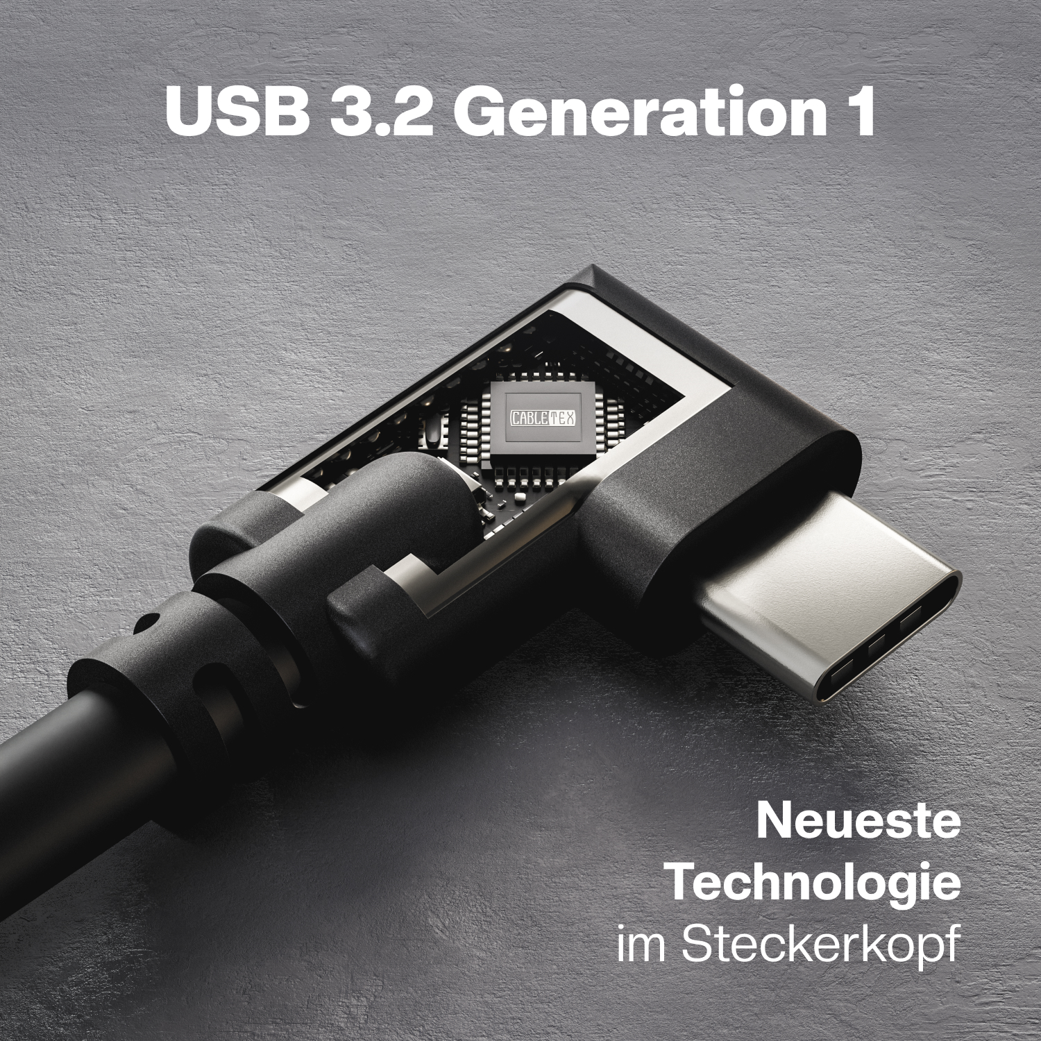 Nahaufnahme eines USB-C-Kabelanschlusses mit deutschem Text.