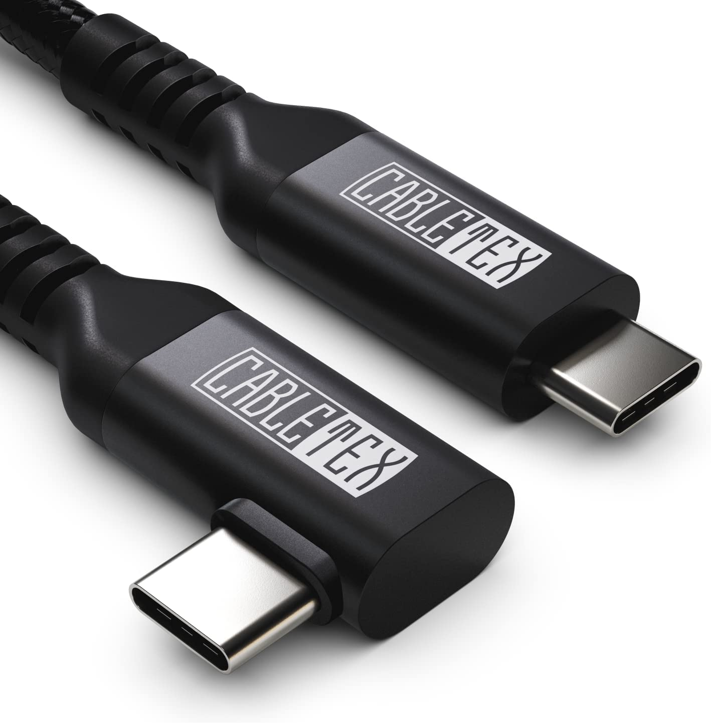 Schwarzes USB-C-Kabel mit zwei Anschlüssen, abgewinkelt und gerade, weißer Hintergrund.