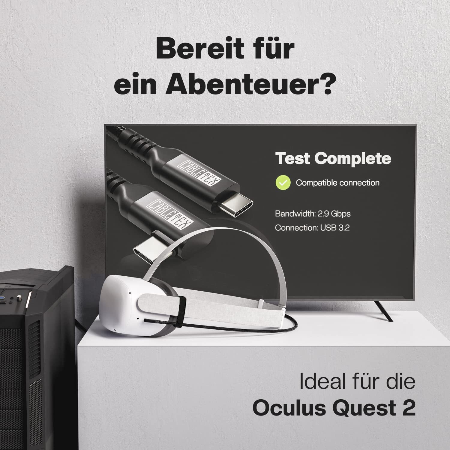 Ein VR-Headset und zwei schwarze Kabel liegen auf einer weißen Oberfläche vor einem Fernseher mit Text.
