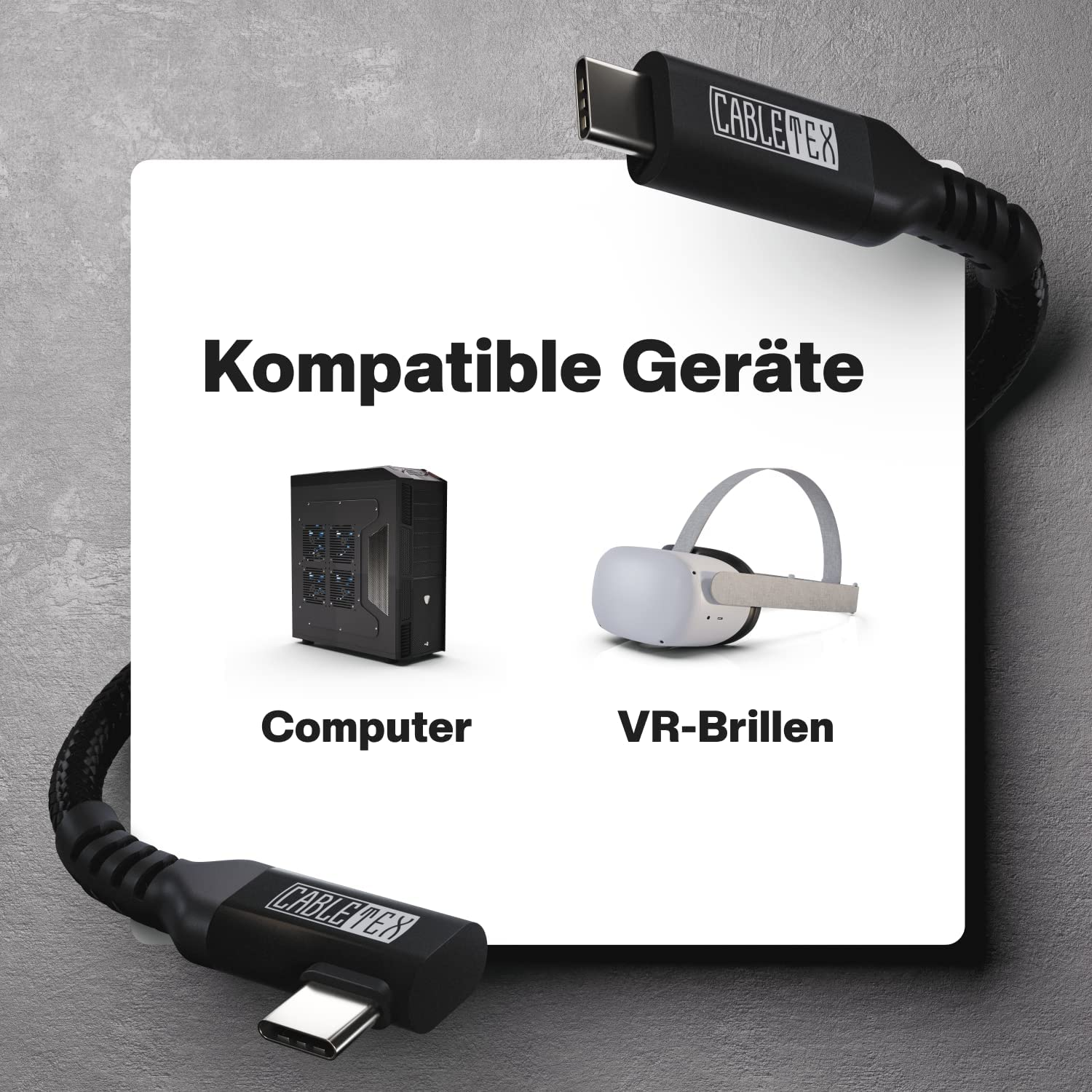Zwei USB-C-Kabel mit Logos über einem Computer und VR-Headset auf grauem Hintergrund.