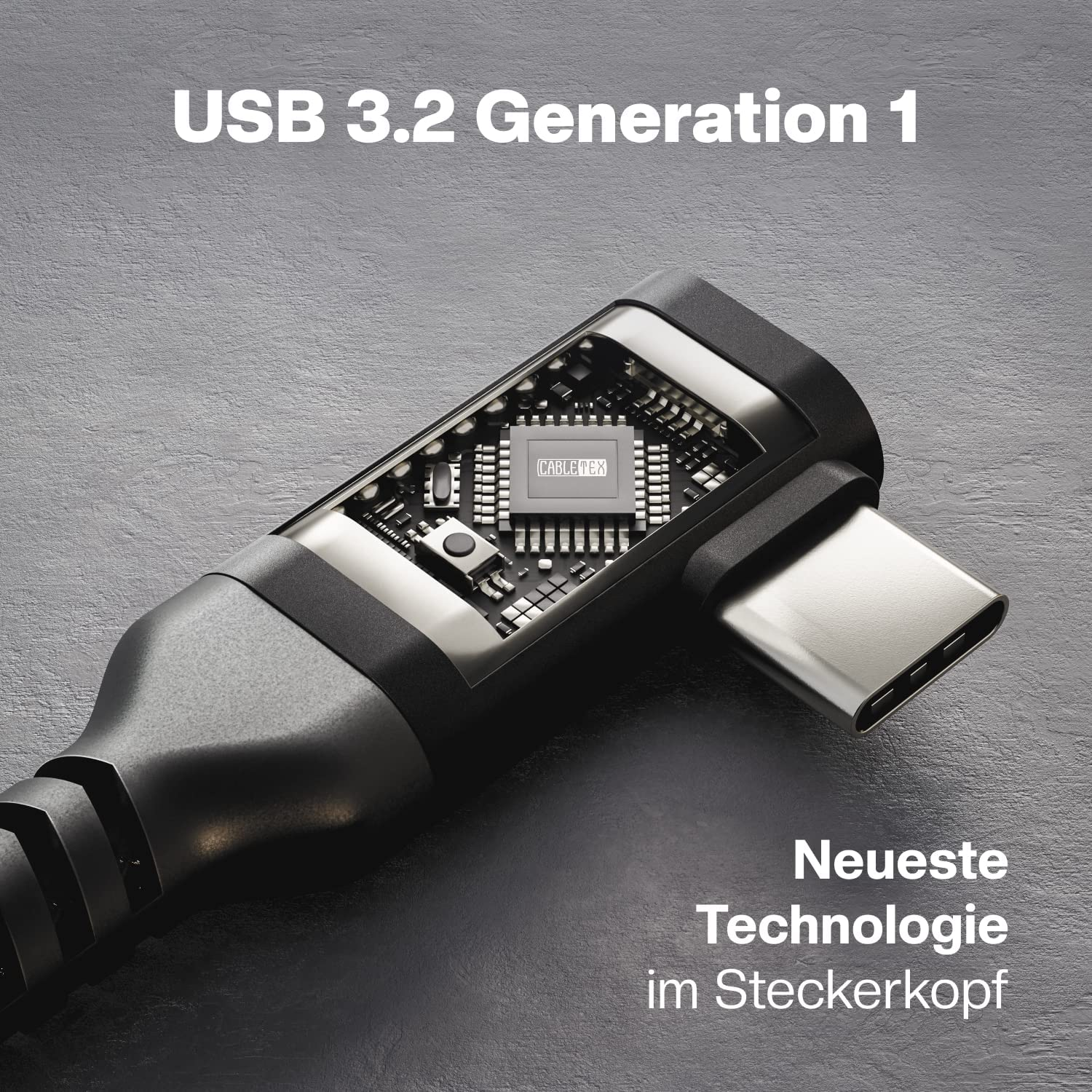 Nahaufnahme eines USB-C-Kabels mit Stecker und seinen internen Komponenten.