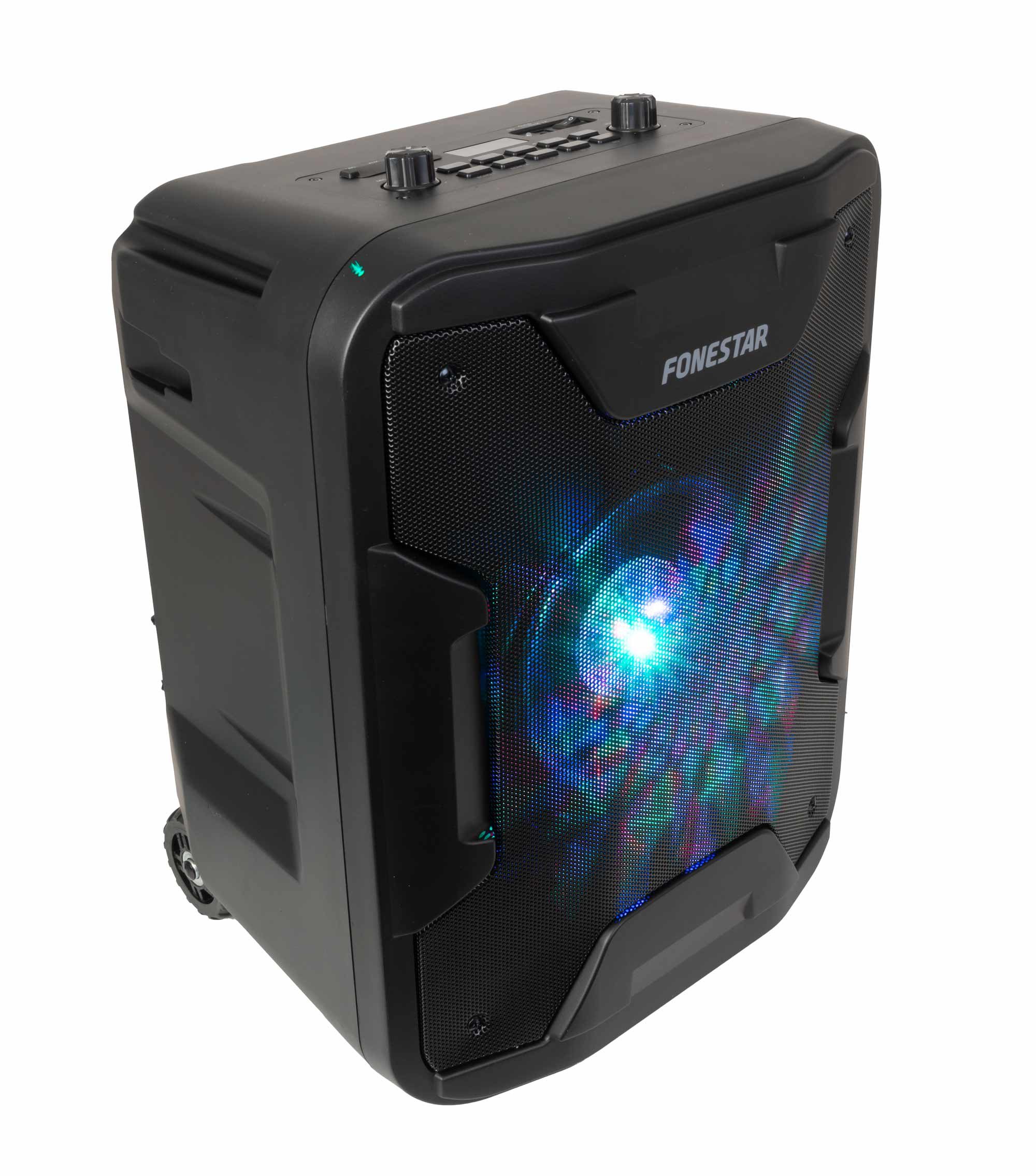 Czarny głośnik z kolorowym wyświetlaczem LED. Posiada siatkowy przód i kółka.