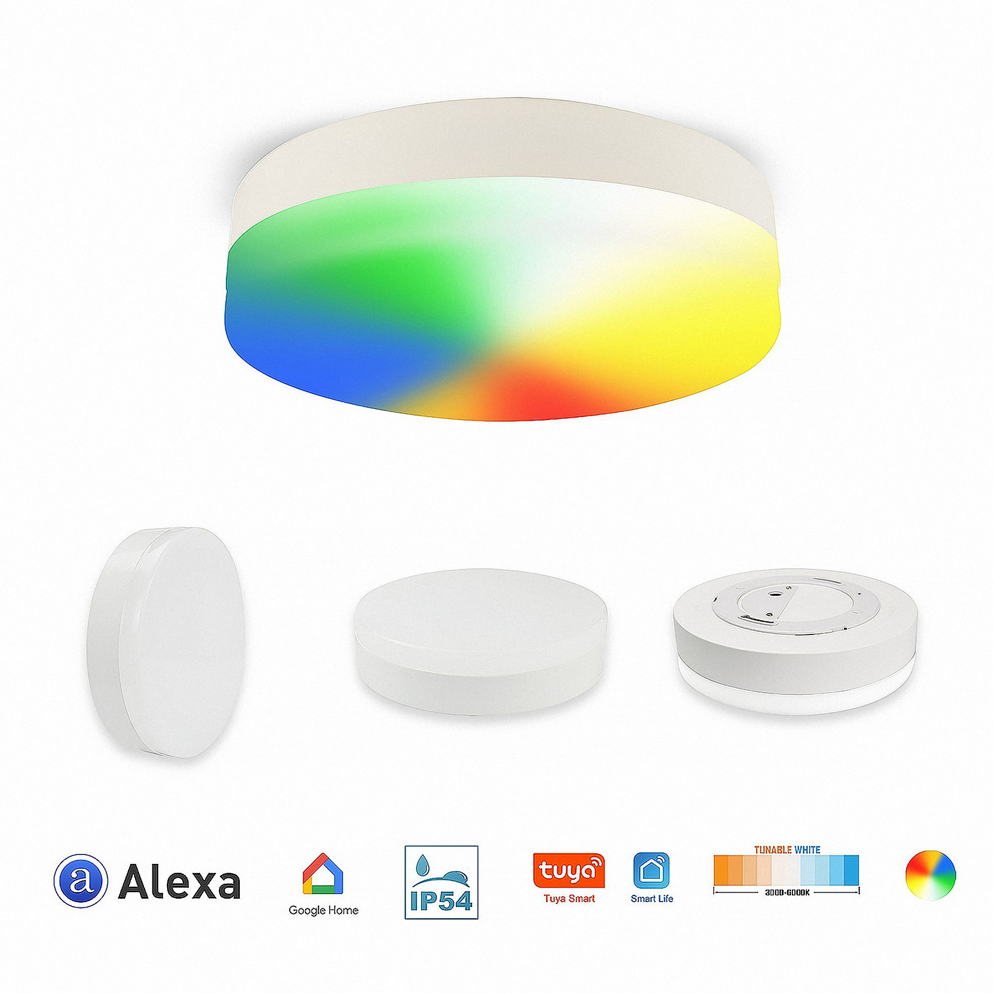 Deckenleuchte mit farbigen Lichtoptionen und Symbolen für Alexa, Google Home.