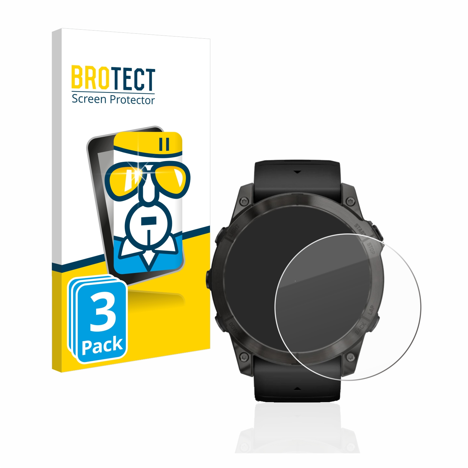 Smartwatch mit Displayschutzfolie und Verpackung. 3er-Packung Etikett. Schwarze Uhr, weißer Hintergrund.