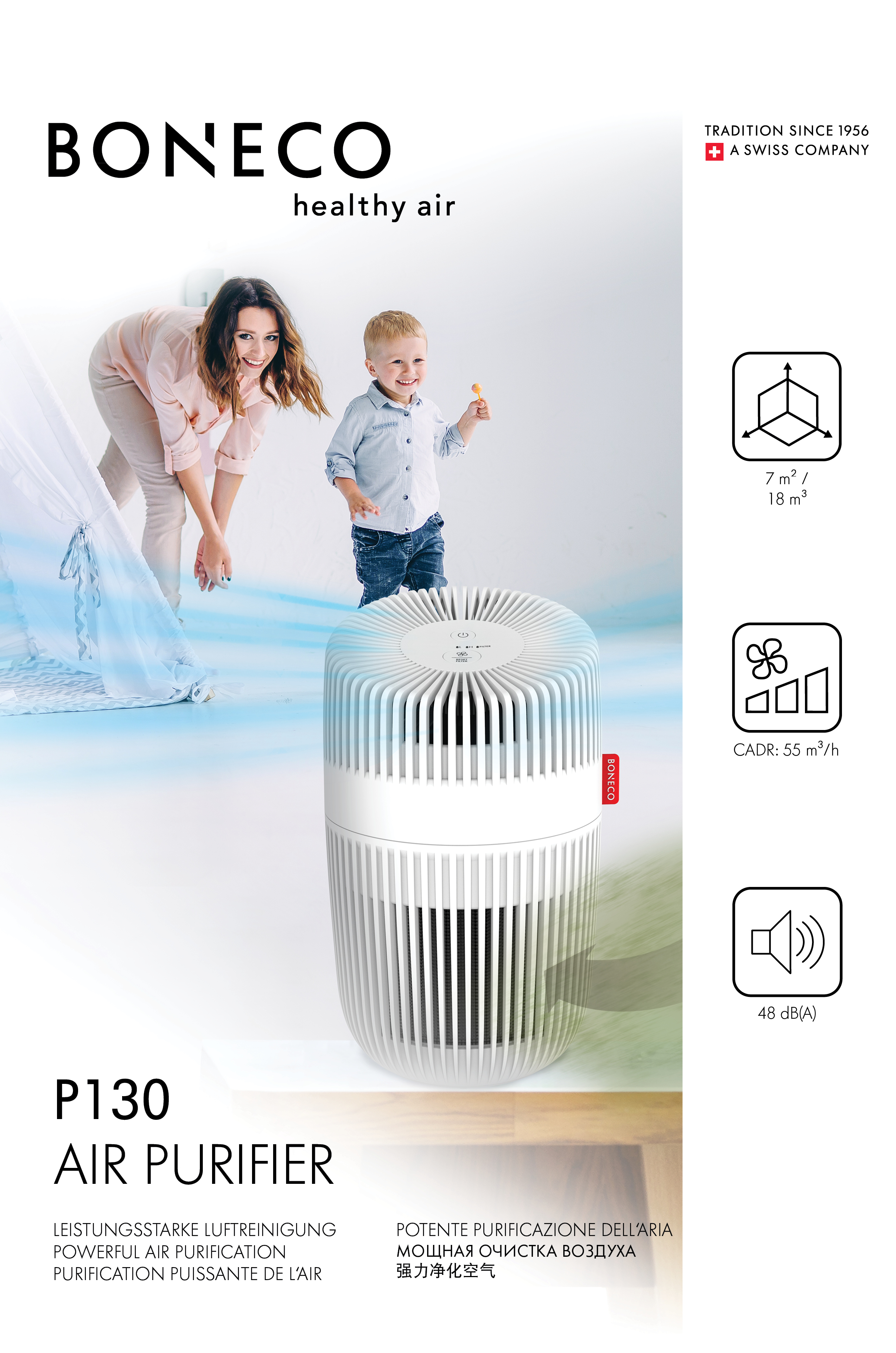 Purificatore d'aria con una donna e un bambino, box di informazioni sul prodotto e il logo dell'azienda.