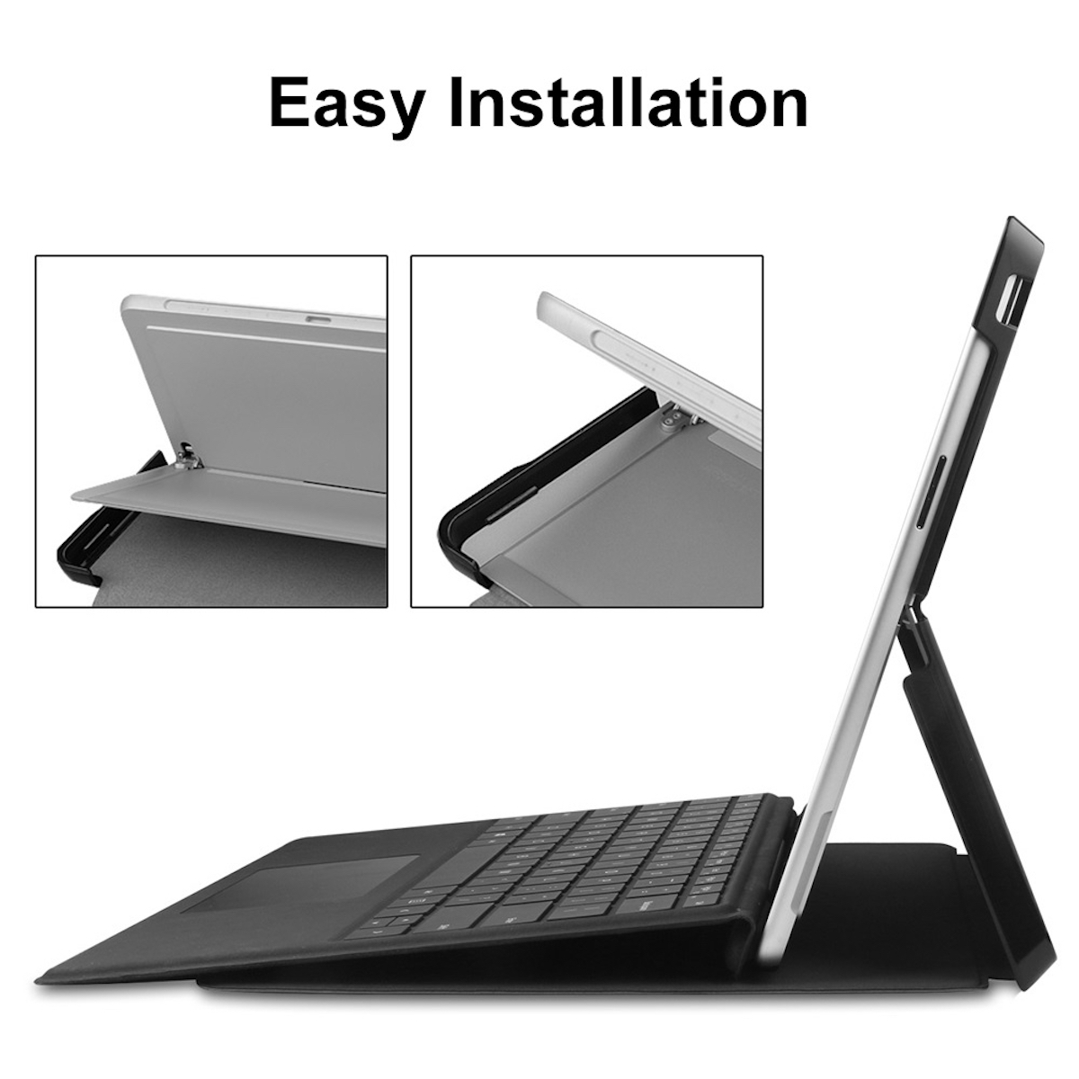 Tablet und Tastaturhülle, zeigt das angebrachte Tablet und die zusammengeklappte Tastatur.