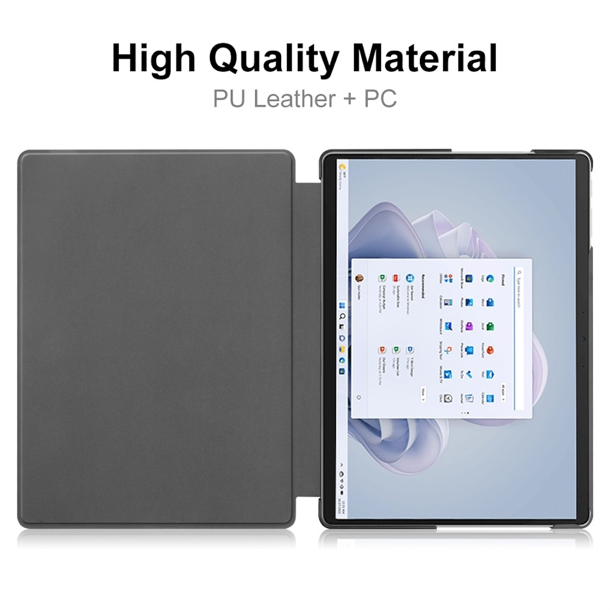 Ein Tablet mit Hülle, geöffnet, um den Bildschirm zu zeigen. Text weist auf hochwertiges PU-Leder und PC-Materialien hin.