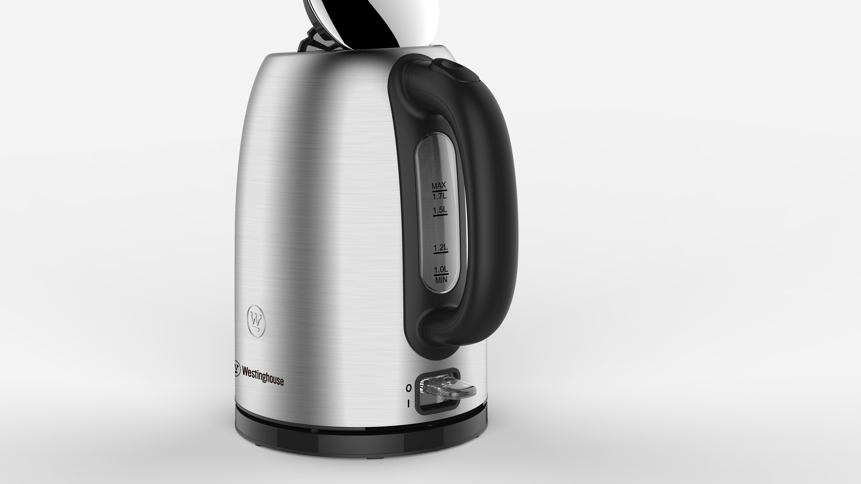 Ein elektrischer Wasserkocher aus Edelstahl mit schwarzem Griff und Wasserstandsanzeige.