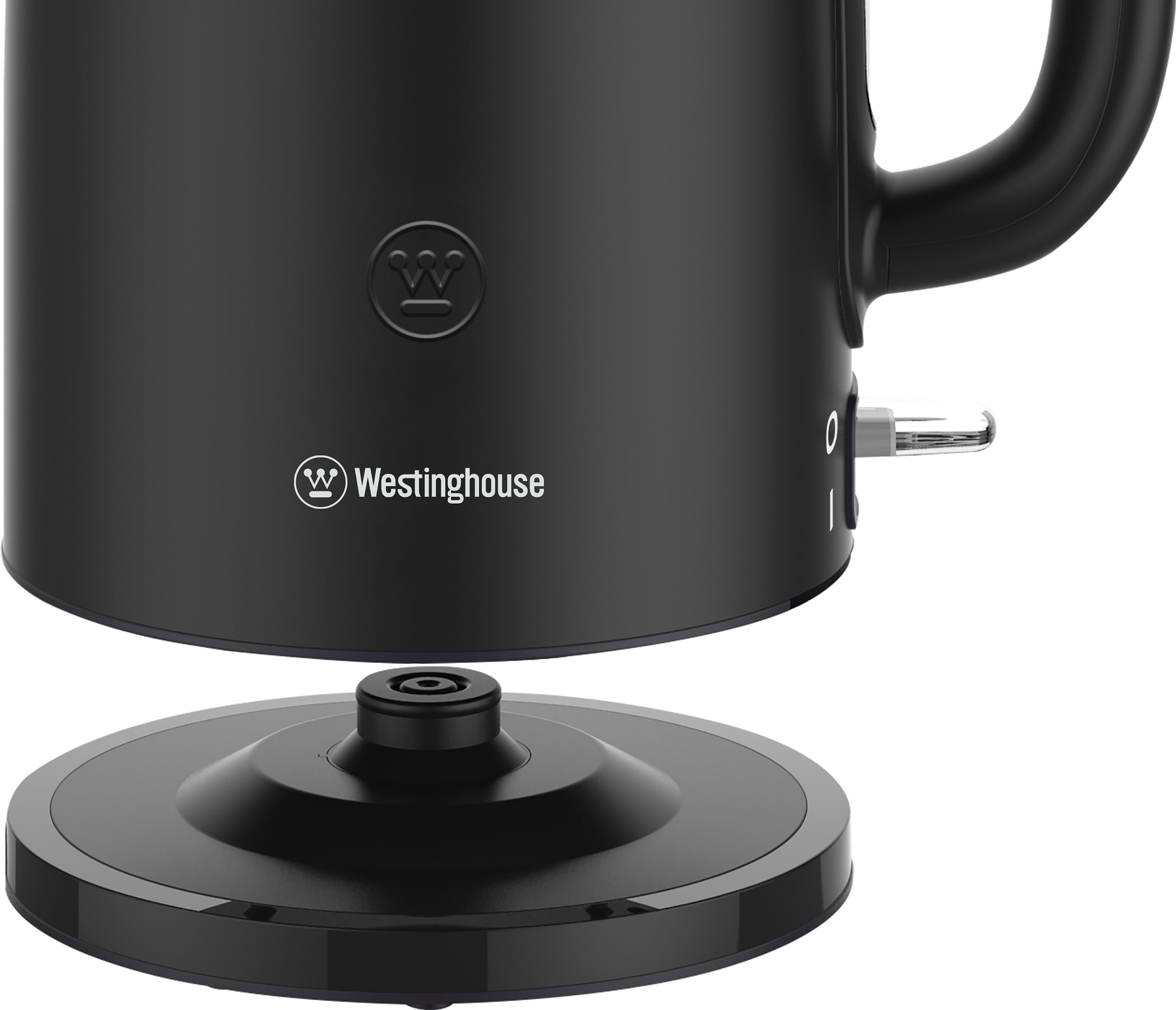 Ein schwarzer Wasserkocher mit getrennter Basis. Das Westinghouse-Logo ist sichtbar.