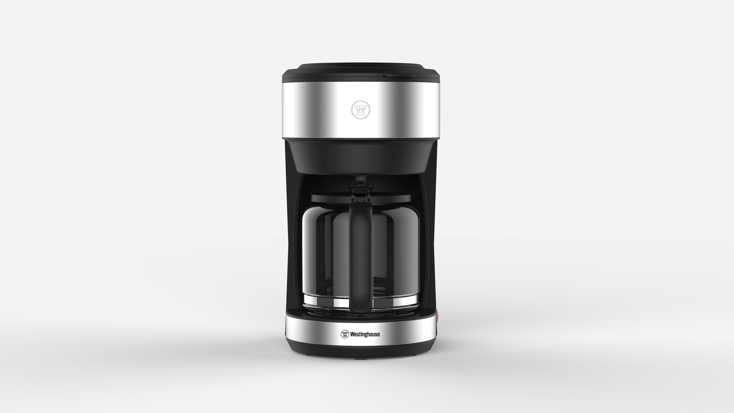 Eine schwarz-silberne Kaffeemaschine auf weißem Hintergrund.