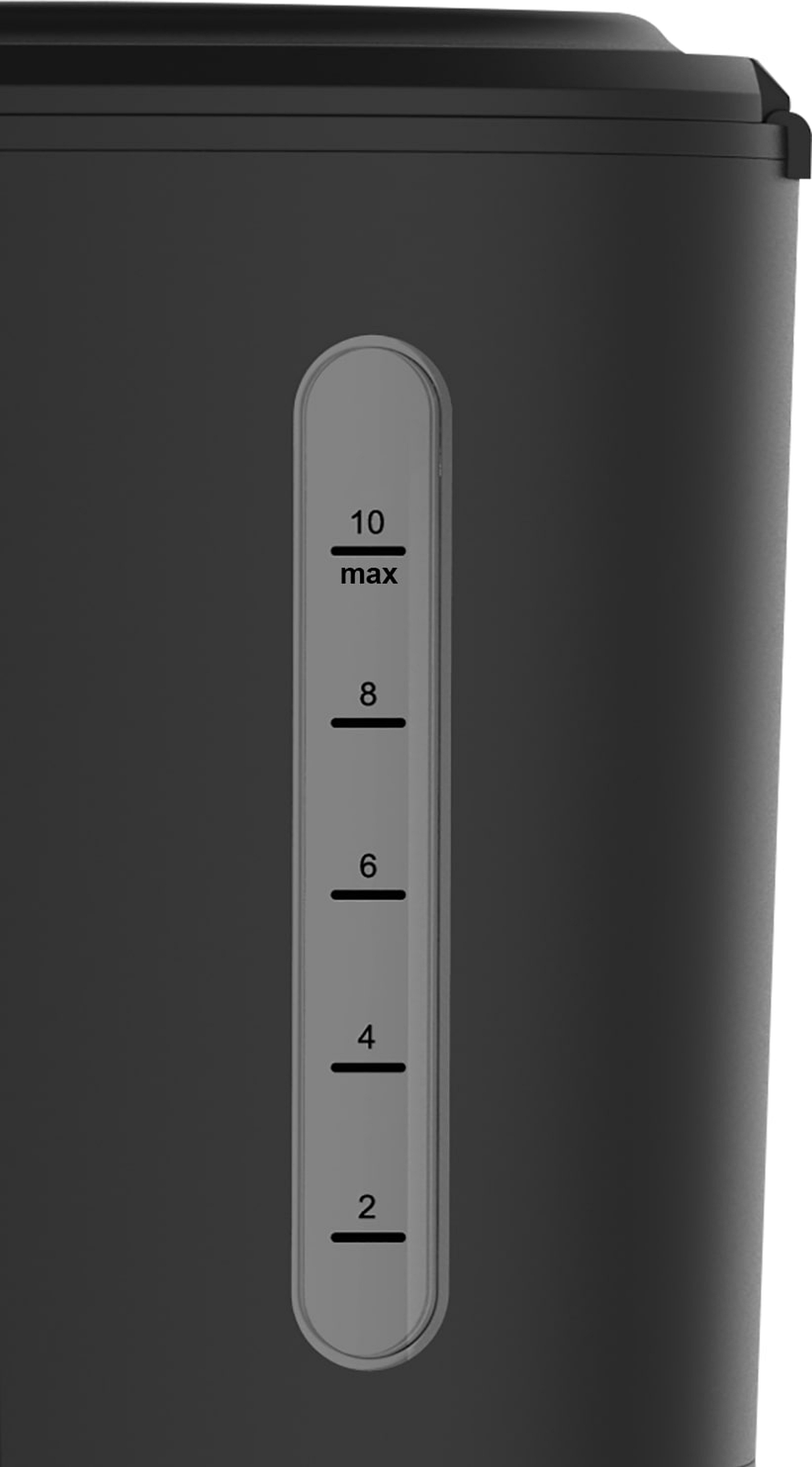 Schwarzer Wasserbehälter mit Füllstandsanzeige. Zahlen 2, 4, 6, 8 und 10 sichtbar.