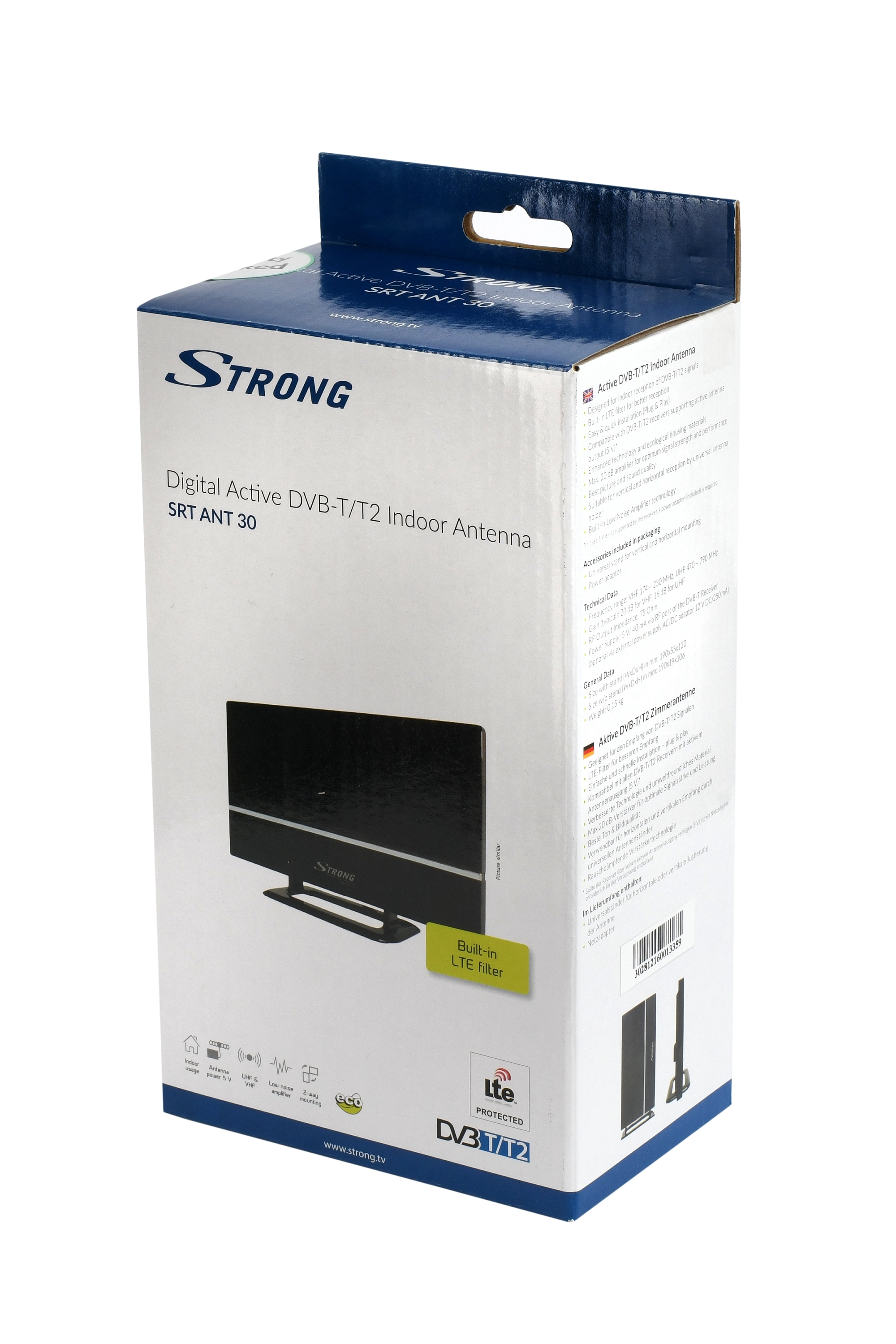 Schachtel für eine digitale aktive DVB-T/T2-Innenantenne mit Produktbild.