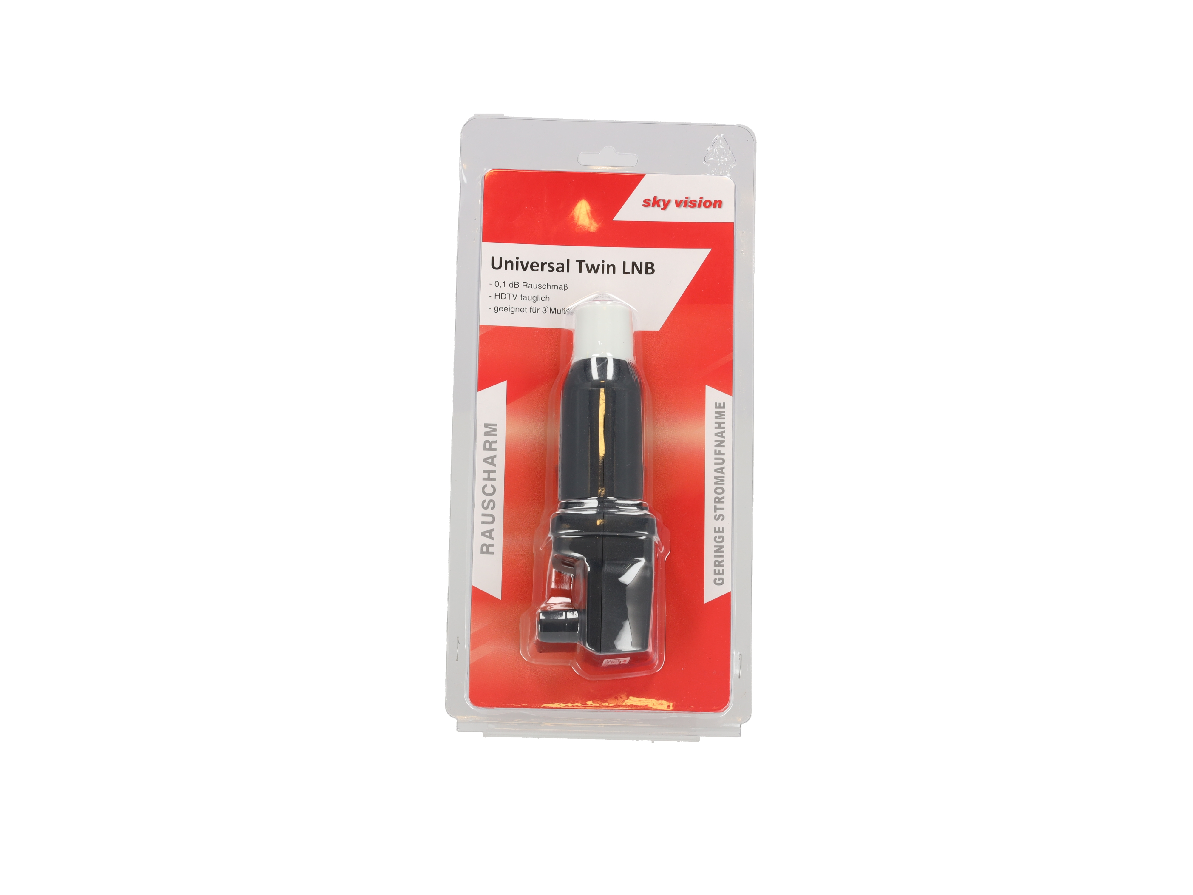 Verpackung eines schwarzen Satelliten-LNBs mit der Aufschrift 'Universal Twin LNB'.