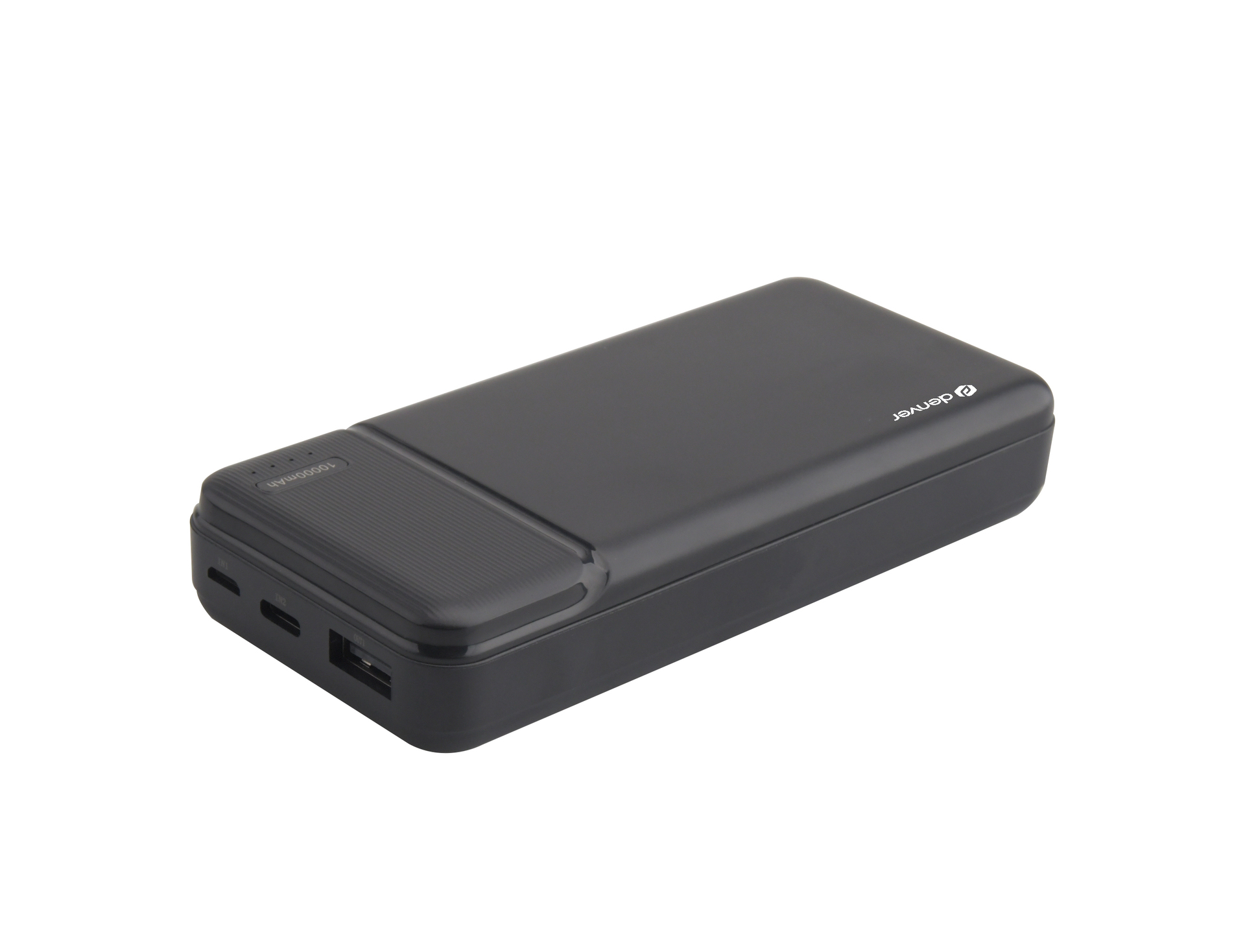 Power bank nero con logo, mostra il livello della batteria su sfondo bianco.