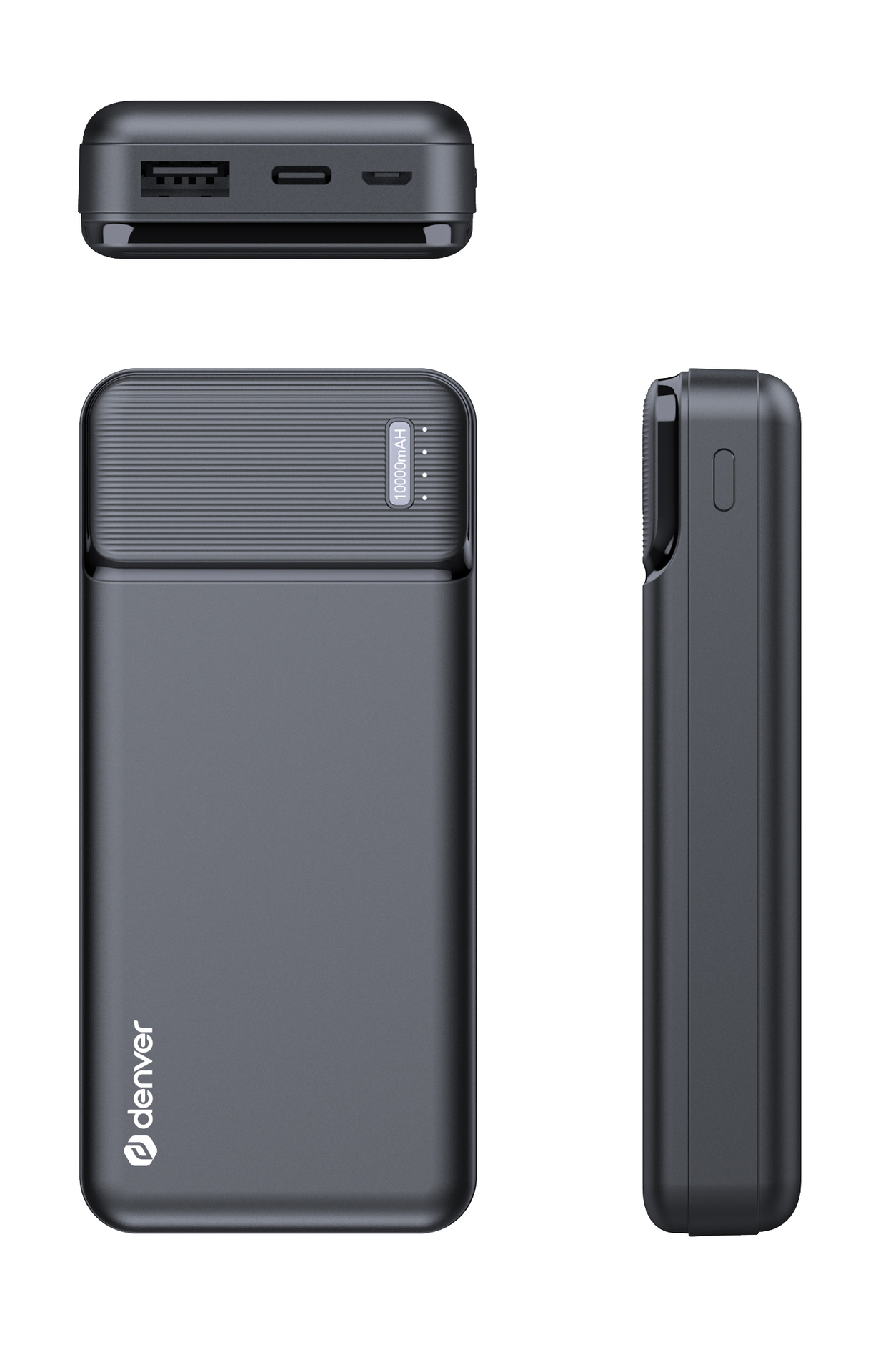 Power bank grigio scuro con porte USB e indicatori di carica. Sfondo bianco pulito.