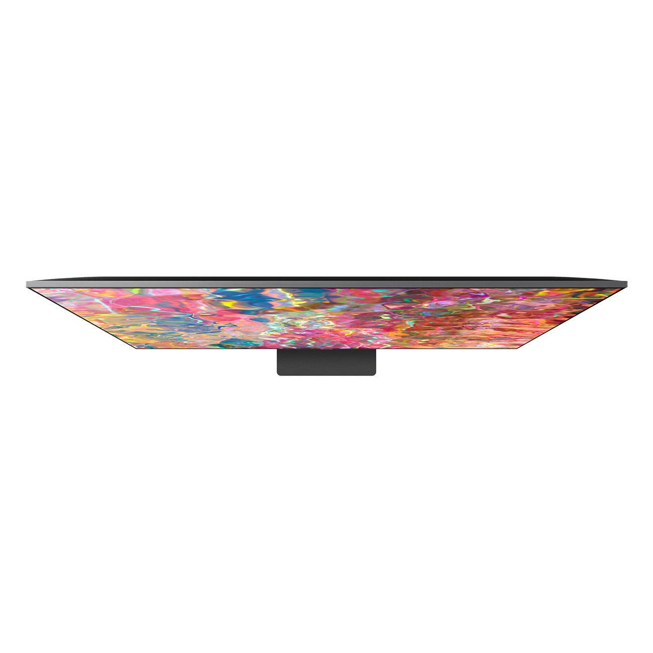 Draufsicht auf einen Fernseher mit farbenfrohem Bildschirm und schwarzem Ständer auf weißem Hintergrund.