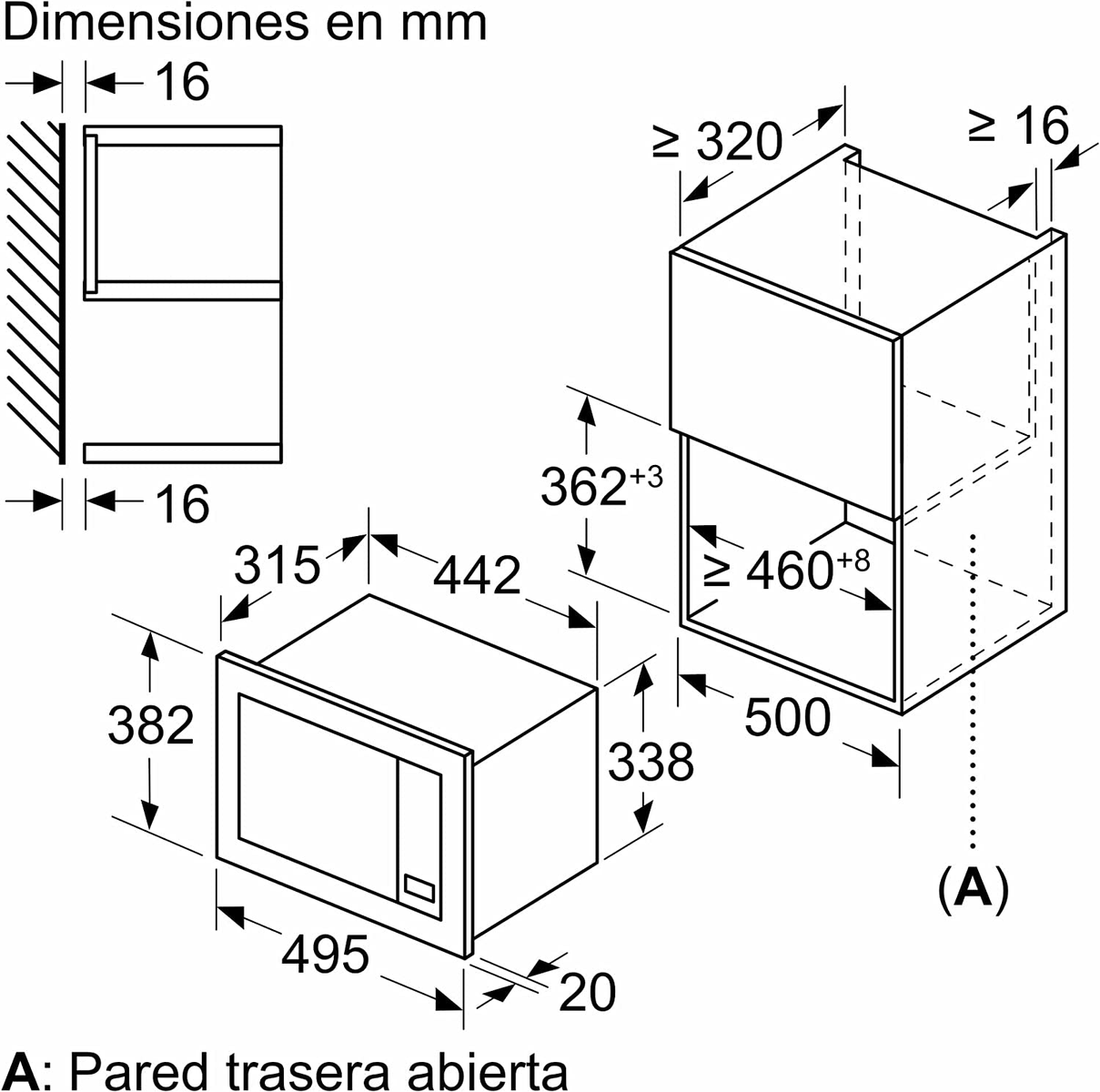 Rysunek techniczny kuchenki mikrofalowej z wymiarami w milimetrach.