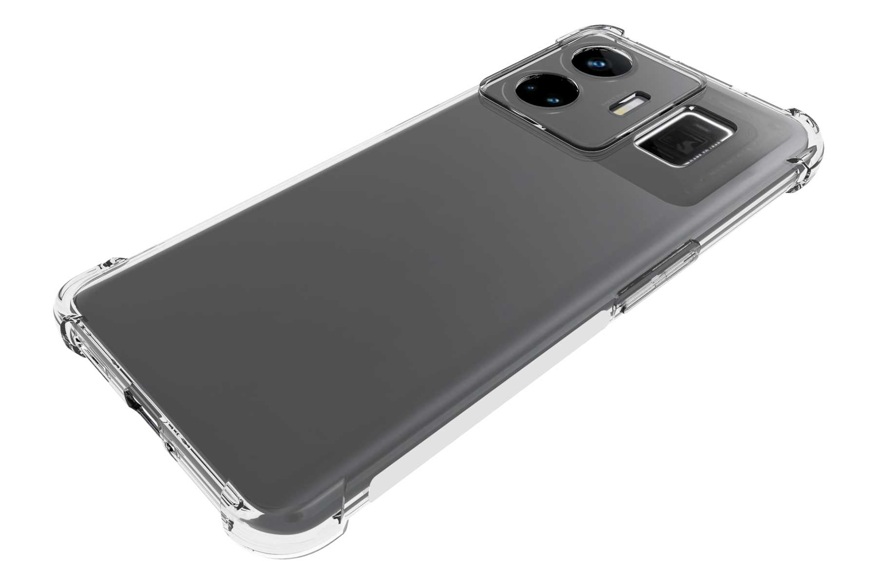 Eine transparente Handyhülle auf einem schwarzen Telefon auf einer weißen Oberfläche.